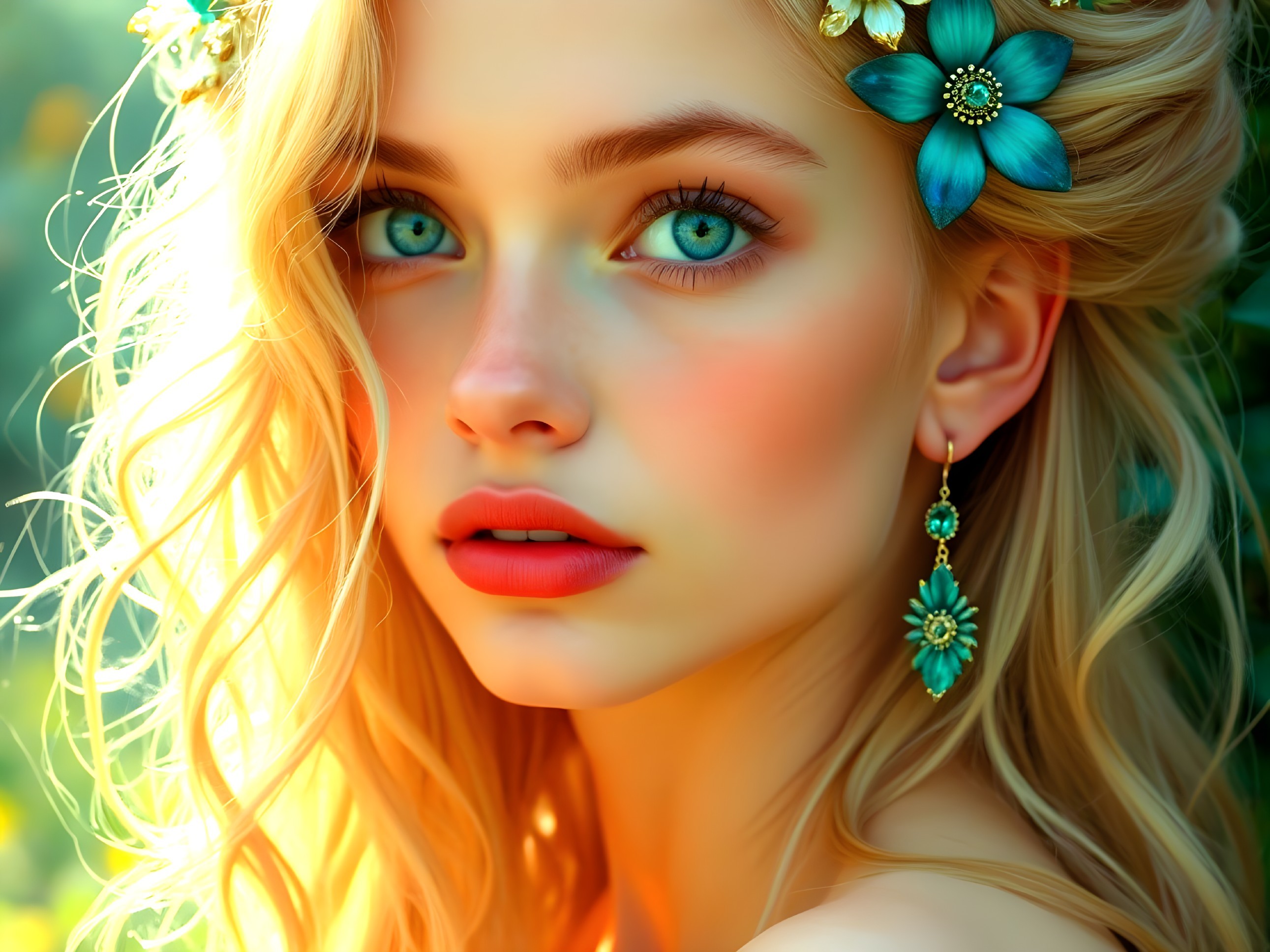 Close-Up Portrait of a Young Woman with Flowers