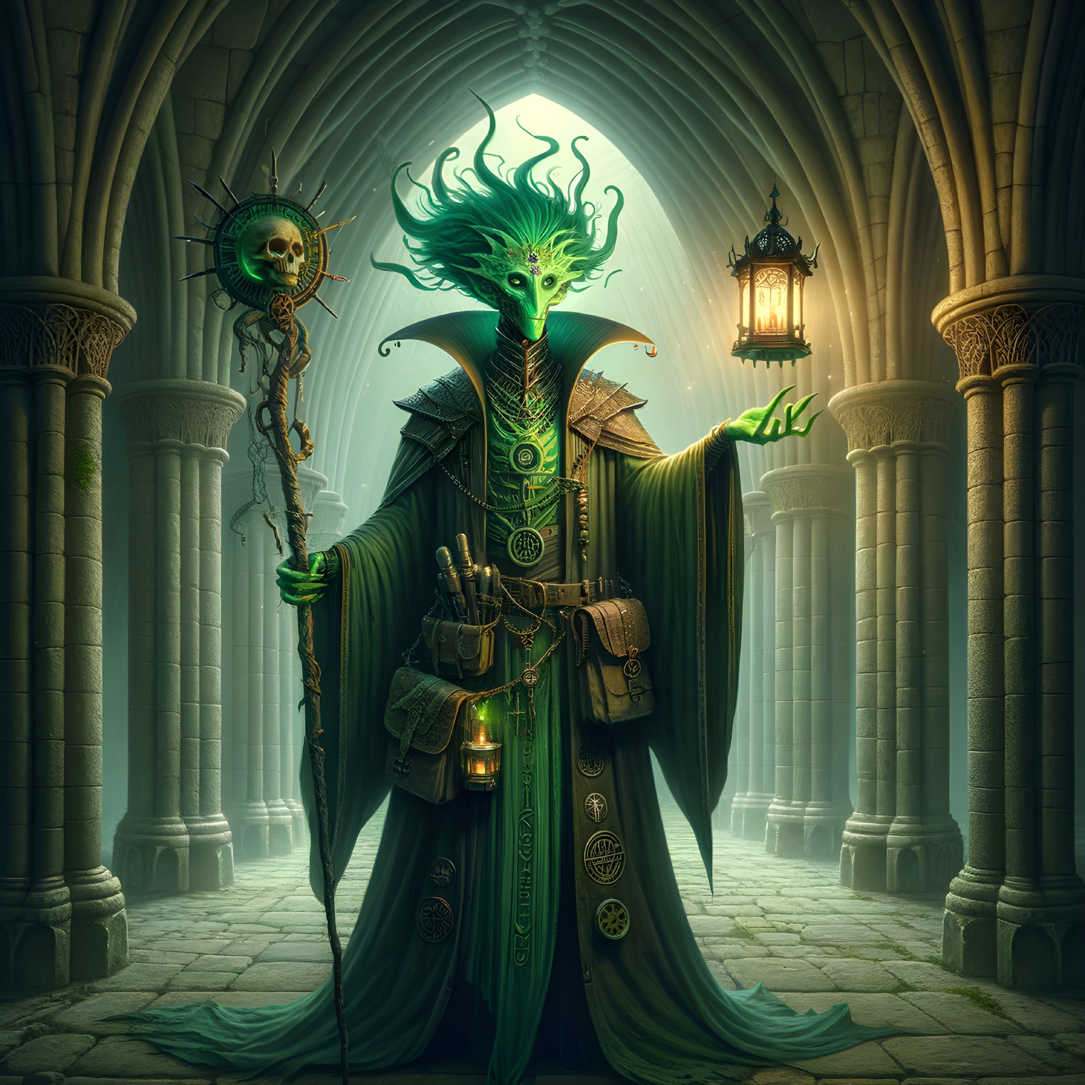 Mysterious Figure in a Gothic Cathedral Setting