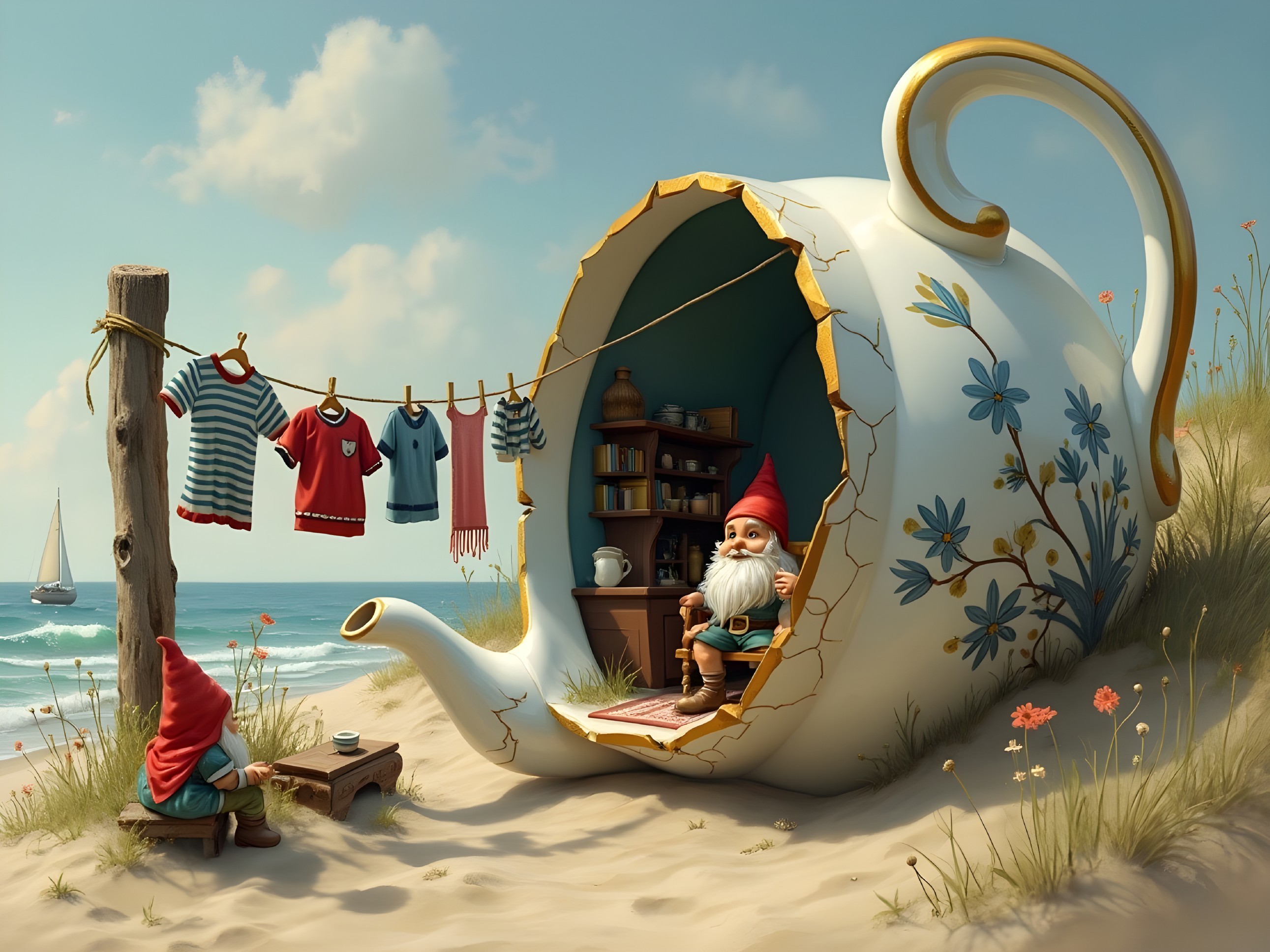 Whimsical Beach Scene with Gnome in Teapot Home