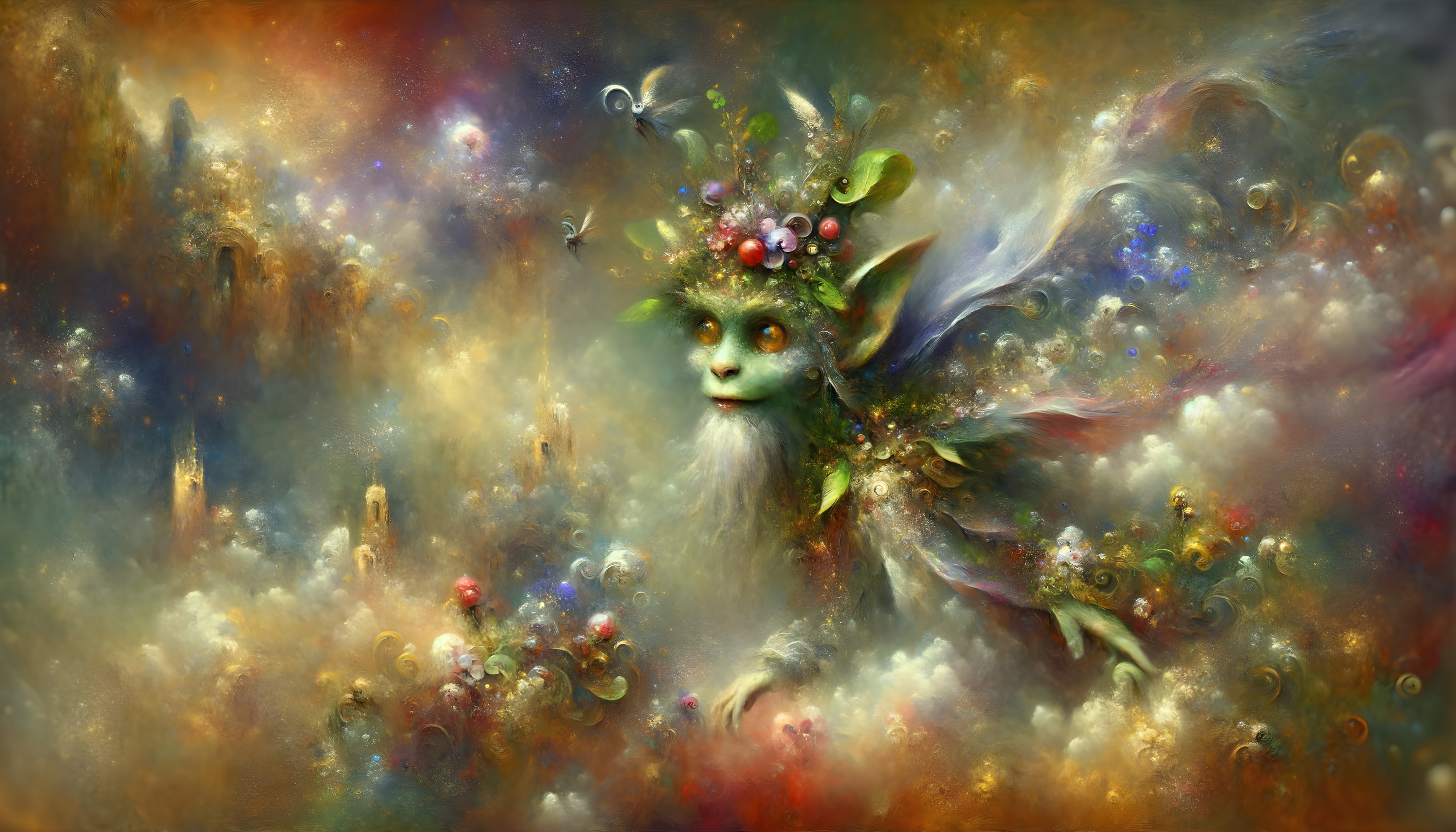 Whimsical Creature in Vibrant Dreamlike Landscape