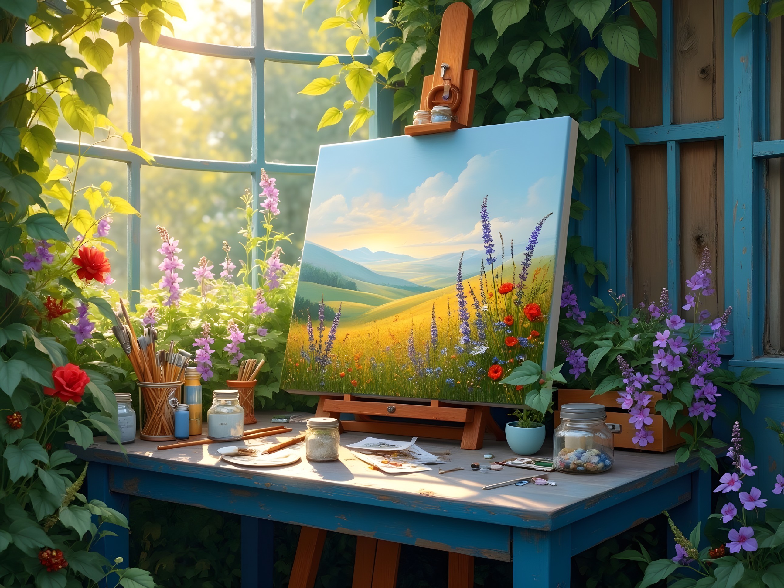 Vibrant Artist Studio Surrounded by Lush Greenery
