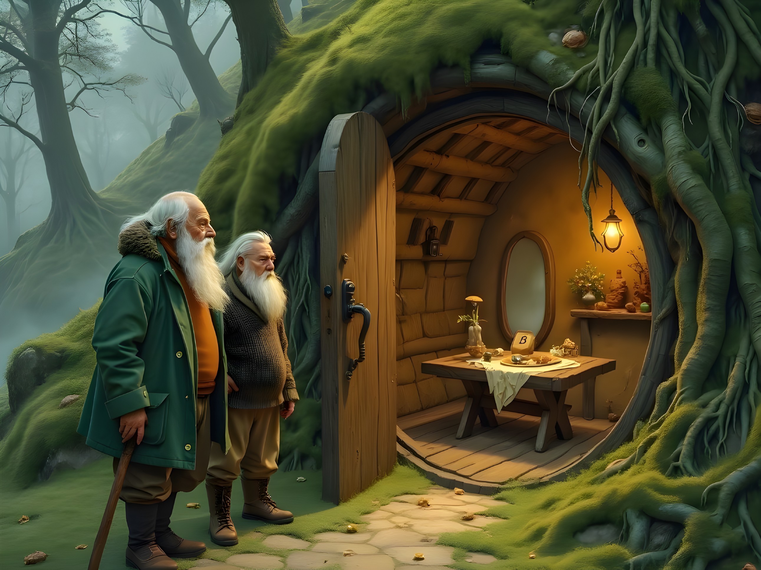 Elderly Men at Hobbit-Style Door in Mystical Forest