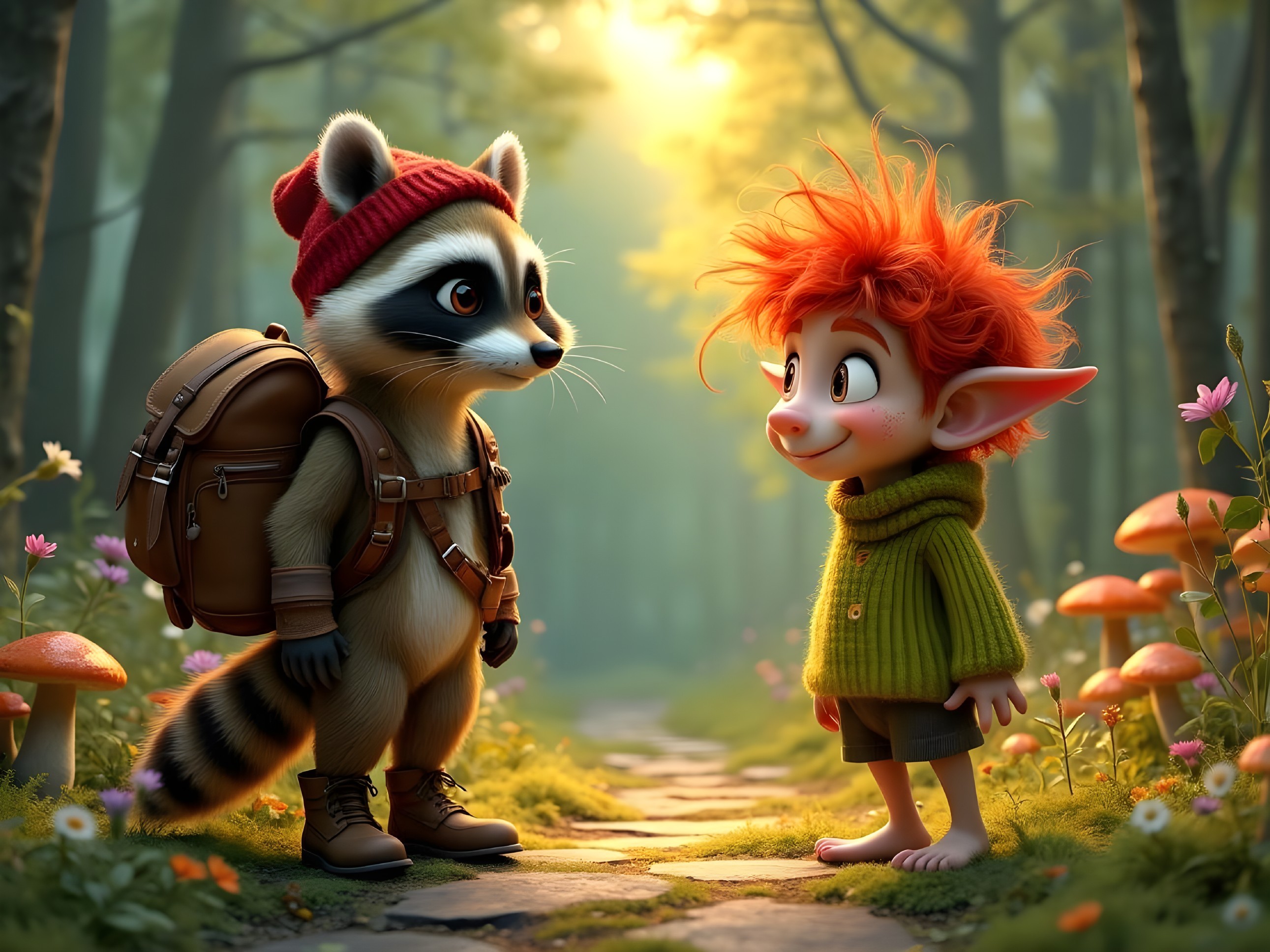Raccoon and Elf in a Whimsical Forest Setting