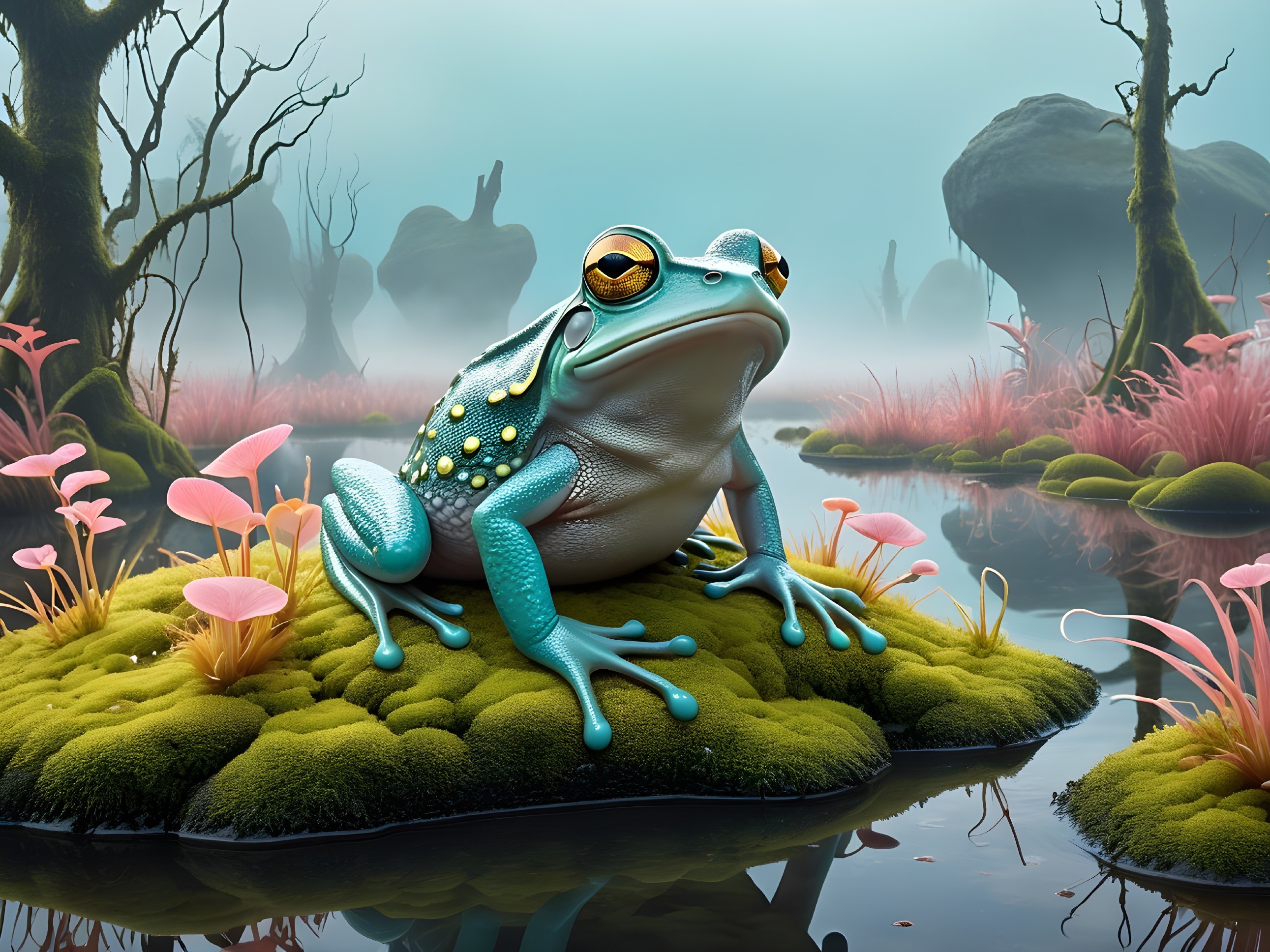 Vibrant Frog on Mossy Rock in Misty Wetland