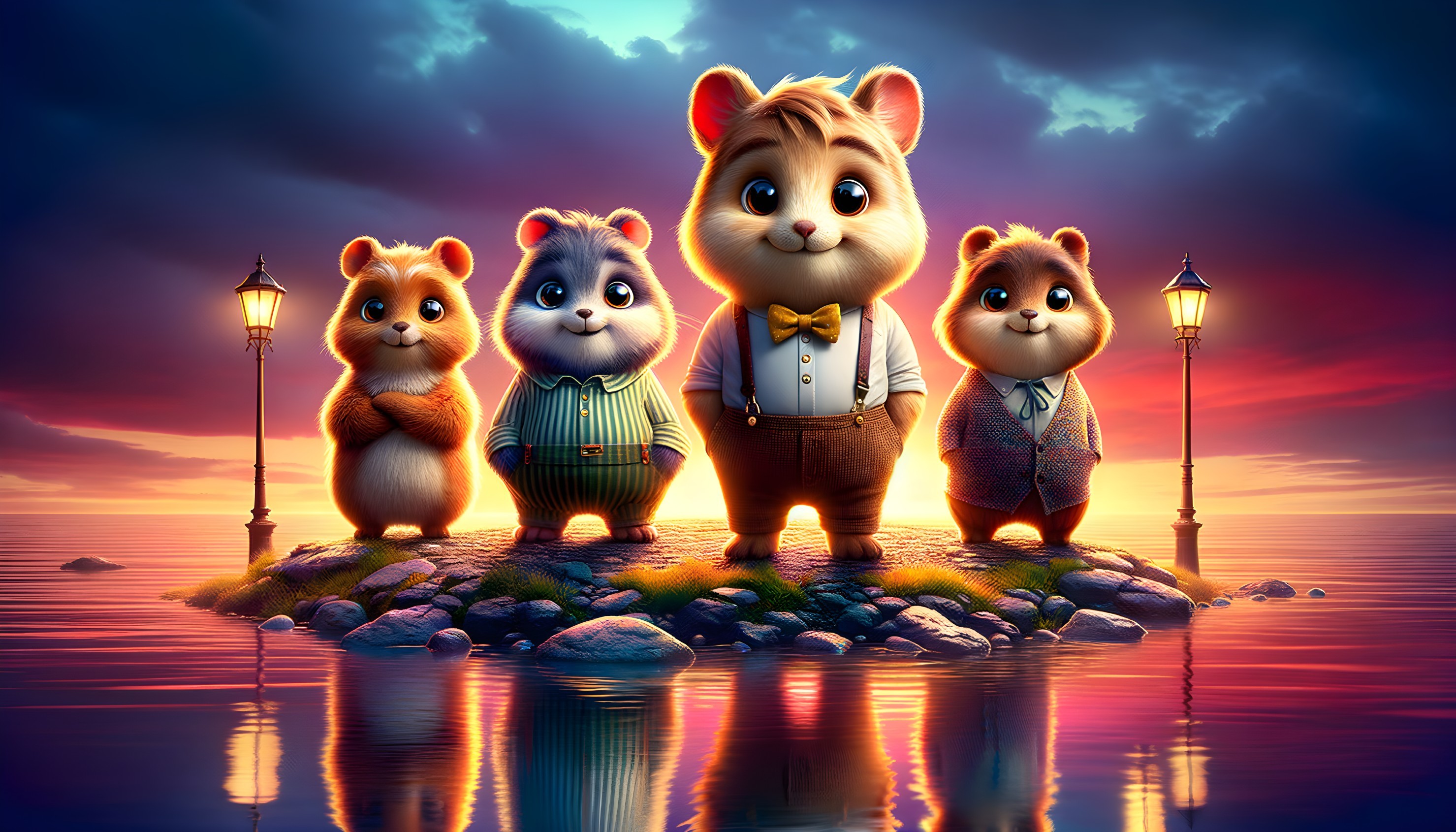 Cartoon Hamsters on an Island at Sunset with Lanterns