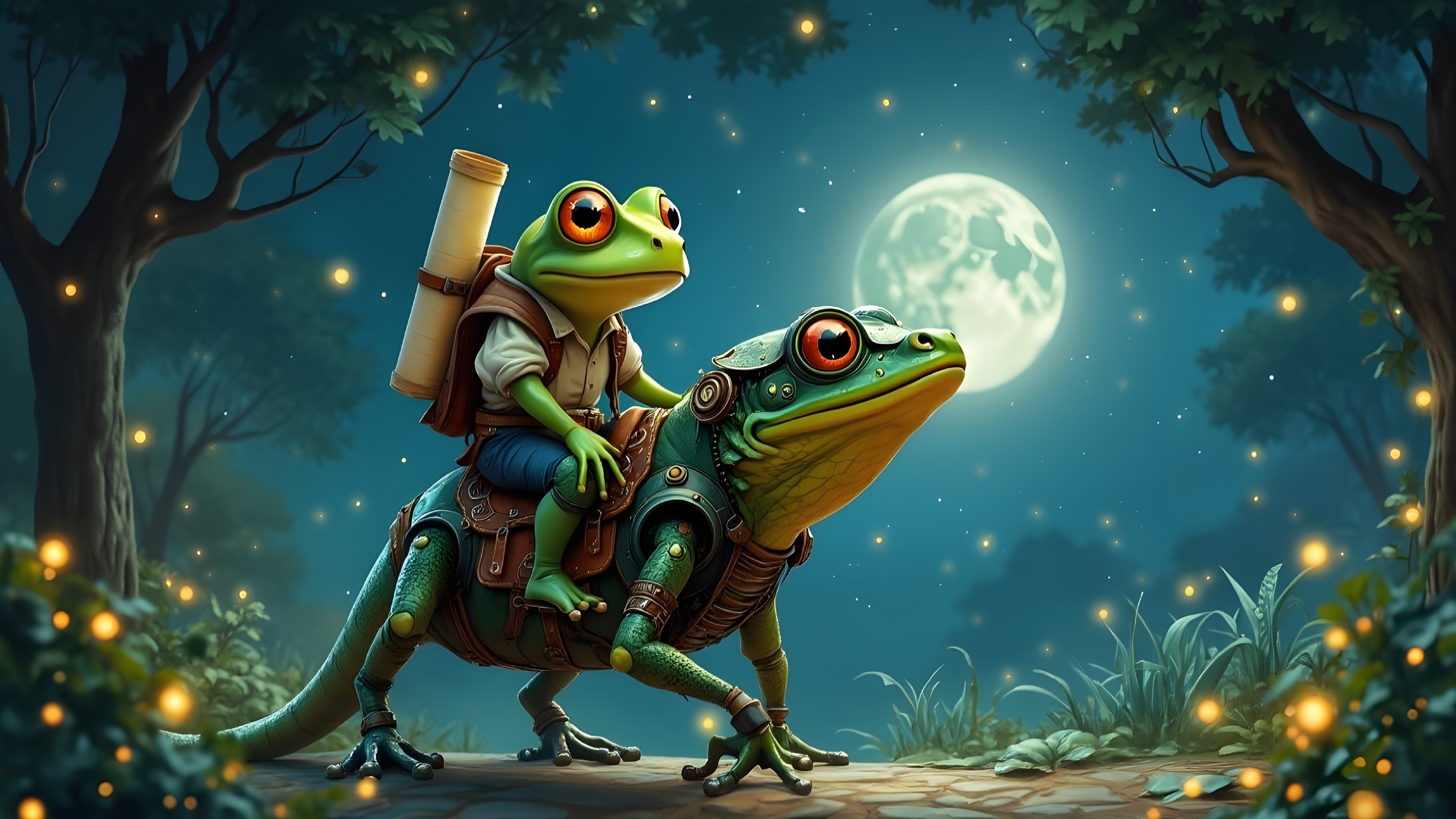 Humanoid Frog and Armored Frog in Mystical Forest Scene