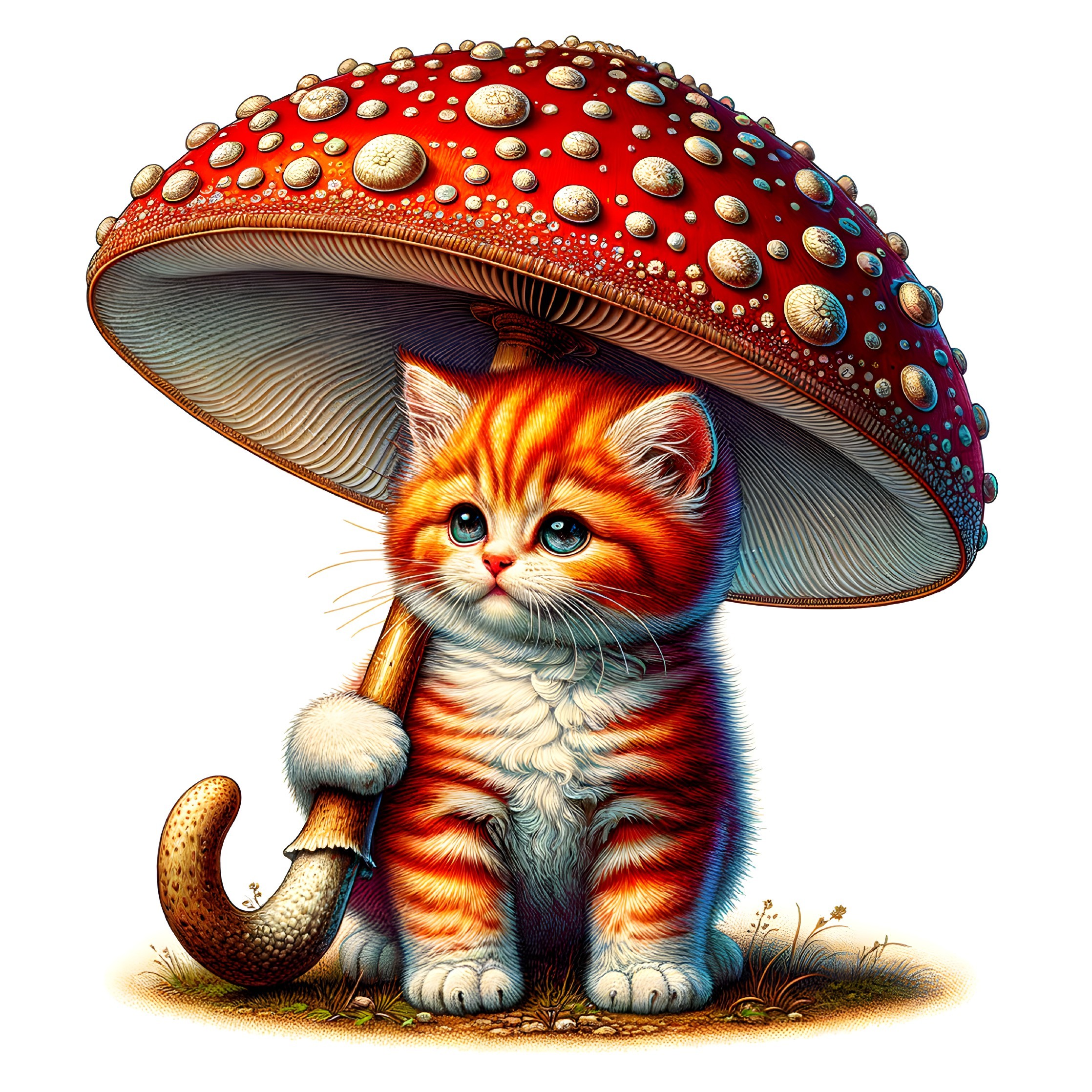 Orange Tabby Kitten Under Red Mushroom Scene