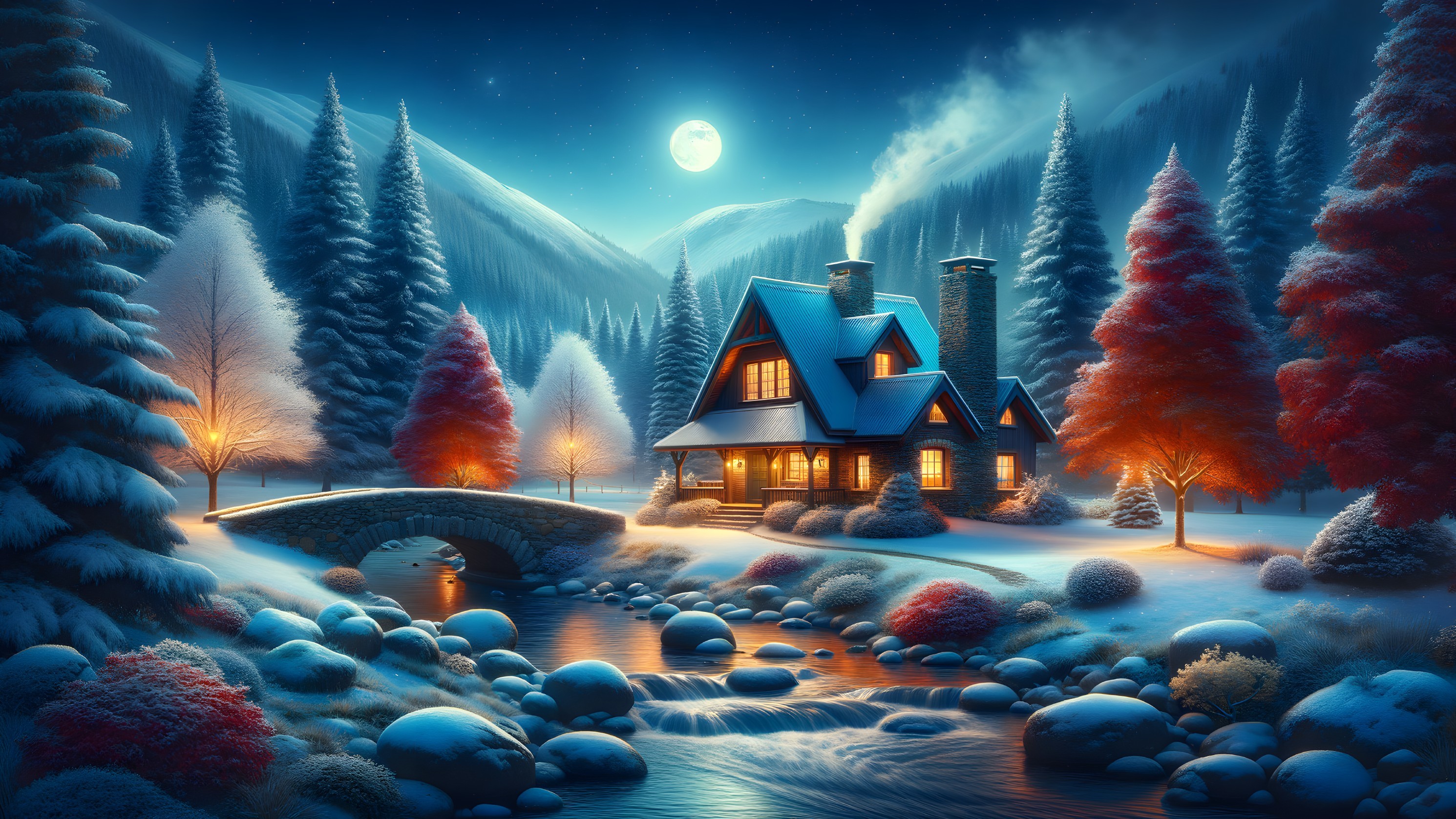 Cozy Cabin in a Serene Winter Landscape with Moonlight