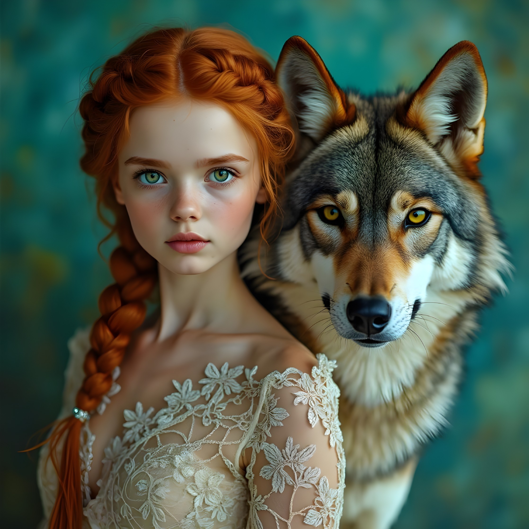 Portrait of a Young Woman with a Wolf Companion