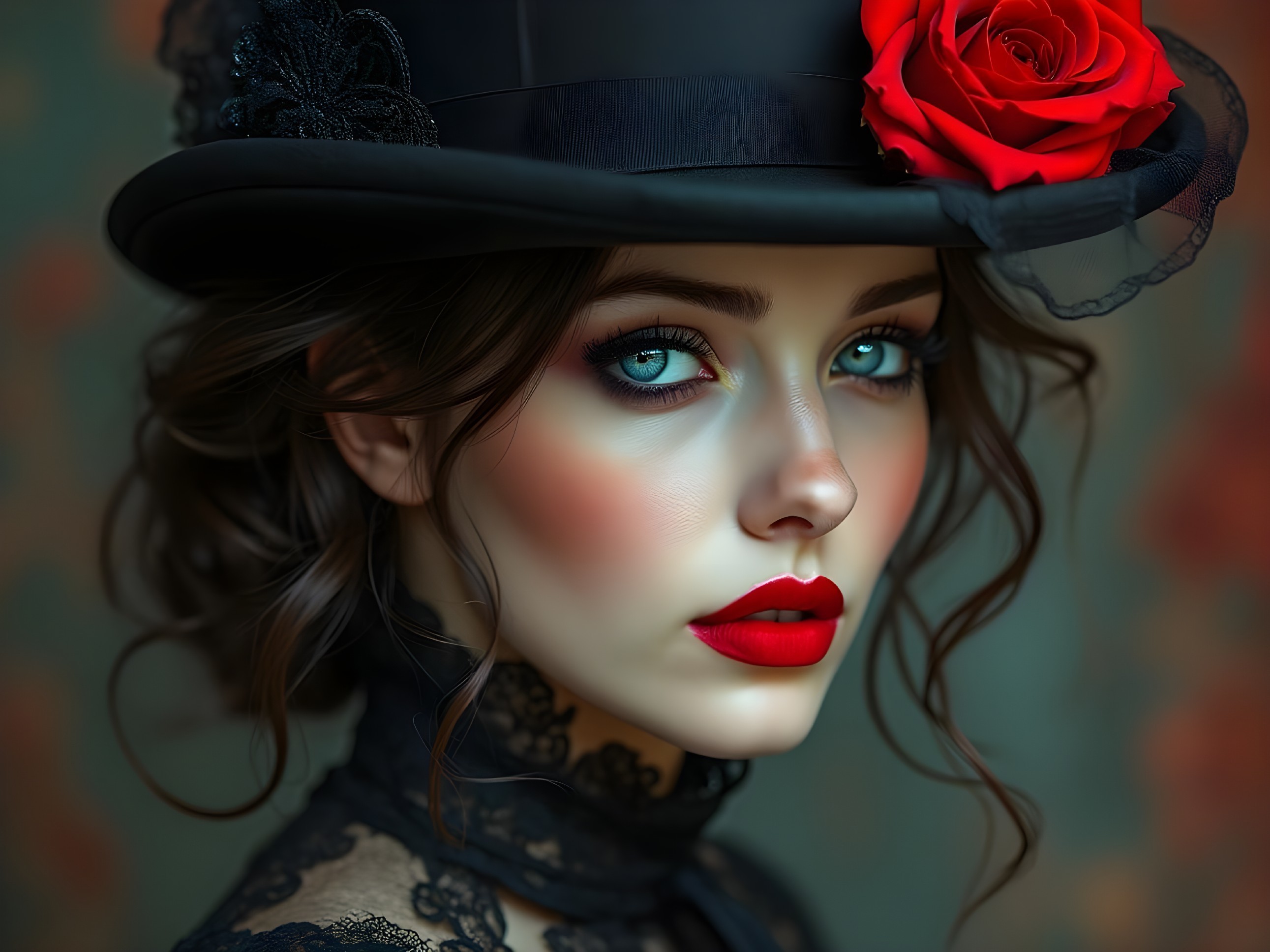 Elegant Woman in Black Top Hat with Red Rose