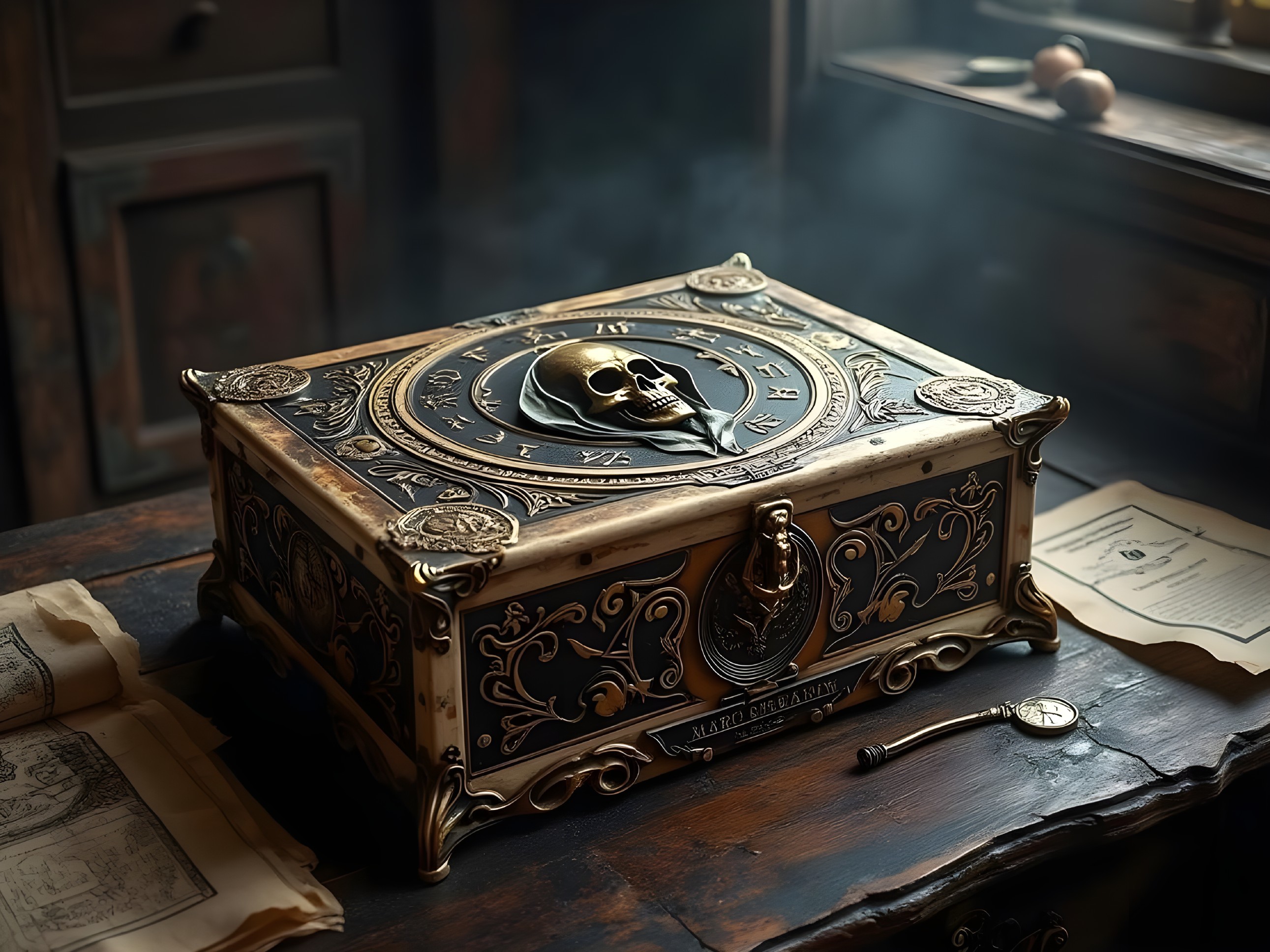 Antique Box with Skull and Celestial Symbols