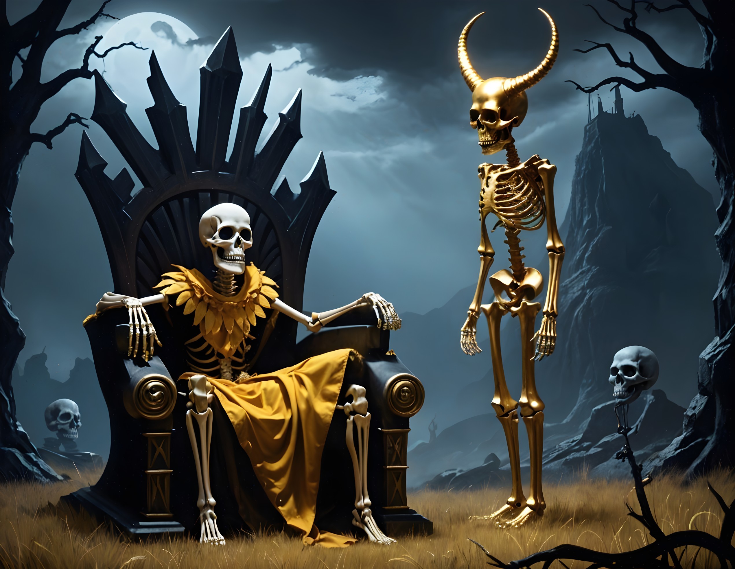 Regal Skeleton on Throne in Dark Atmospheric Landscape