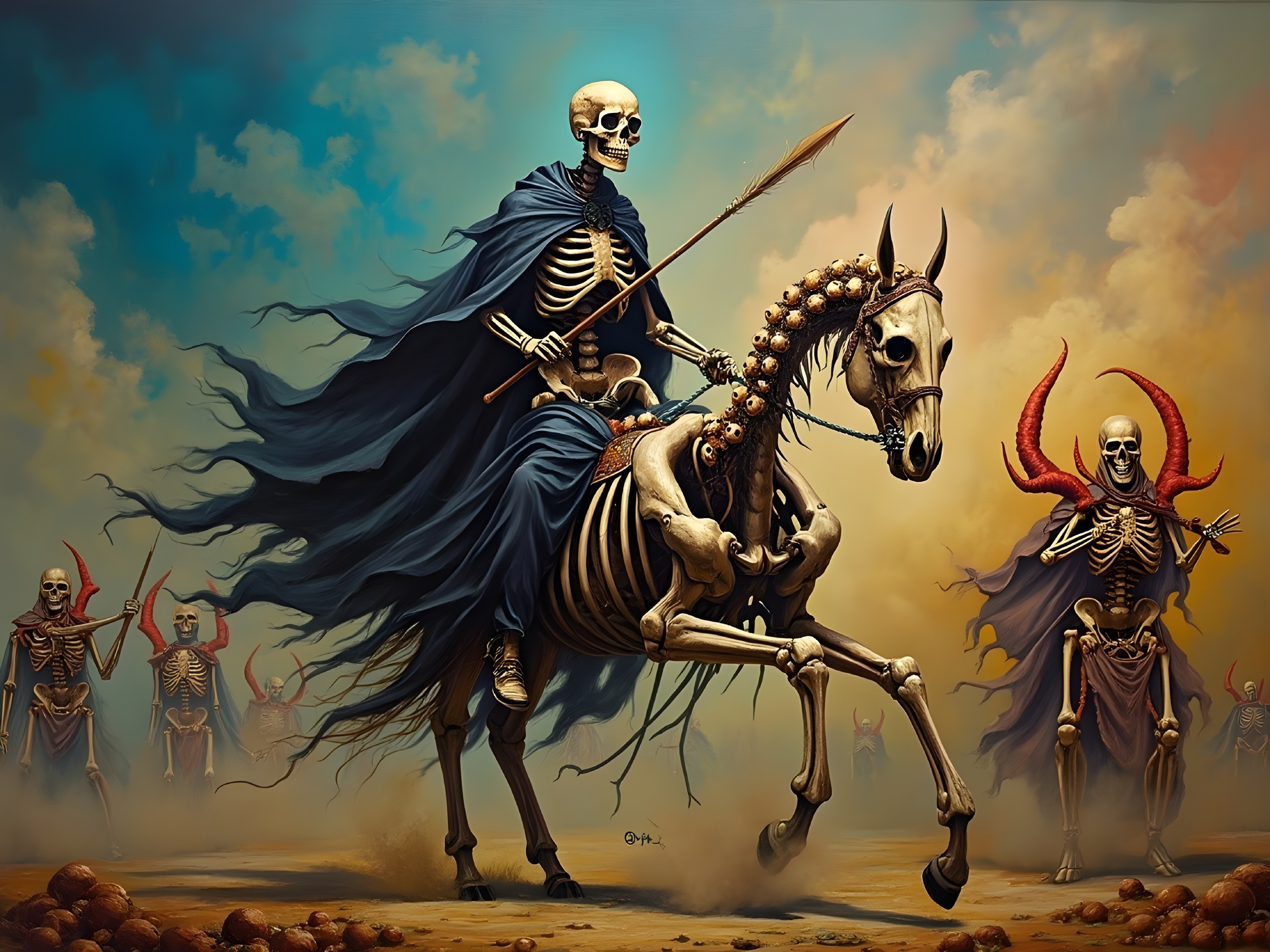 Skeletal Rider on Ghostly Horse in Dramatic Scene