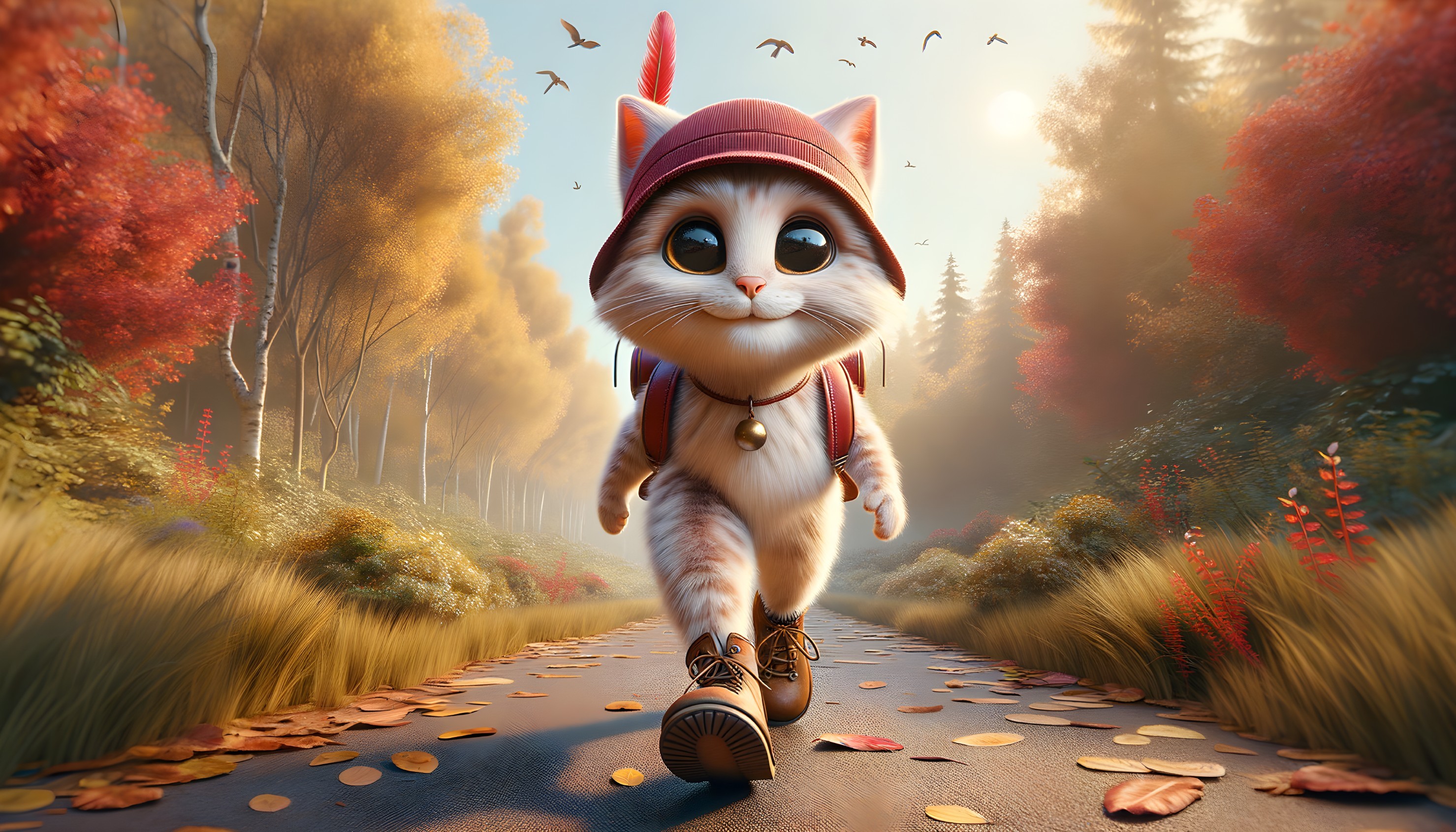 Animated Cat in Red Hoodie Walking in Autumn Forest