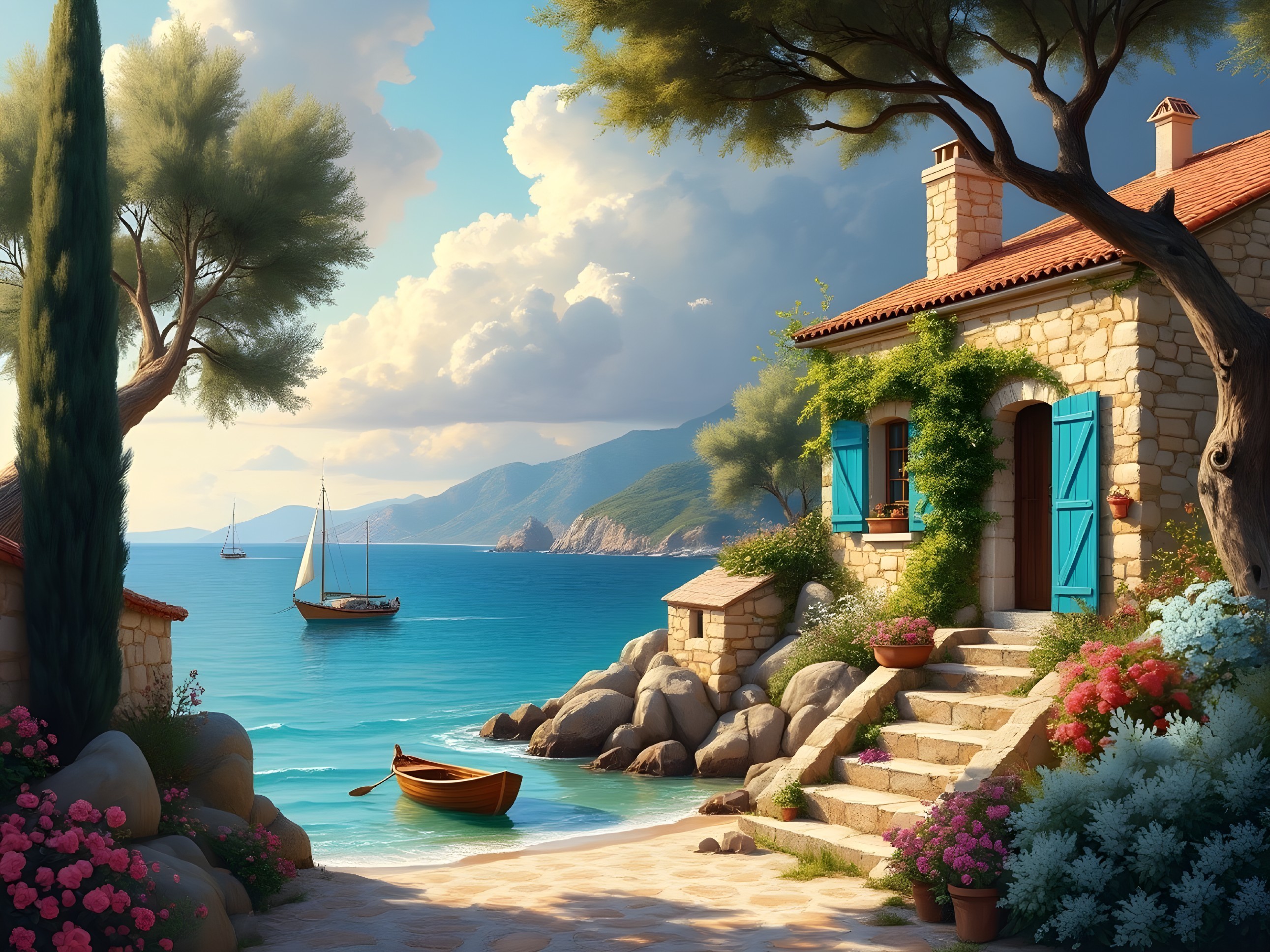 Charming Coastal Cottage Surrounded by Vibrant Flowers