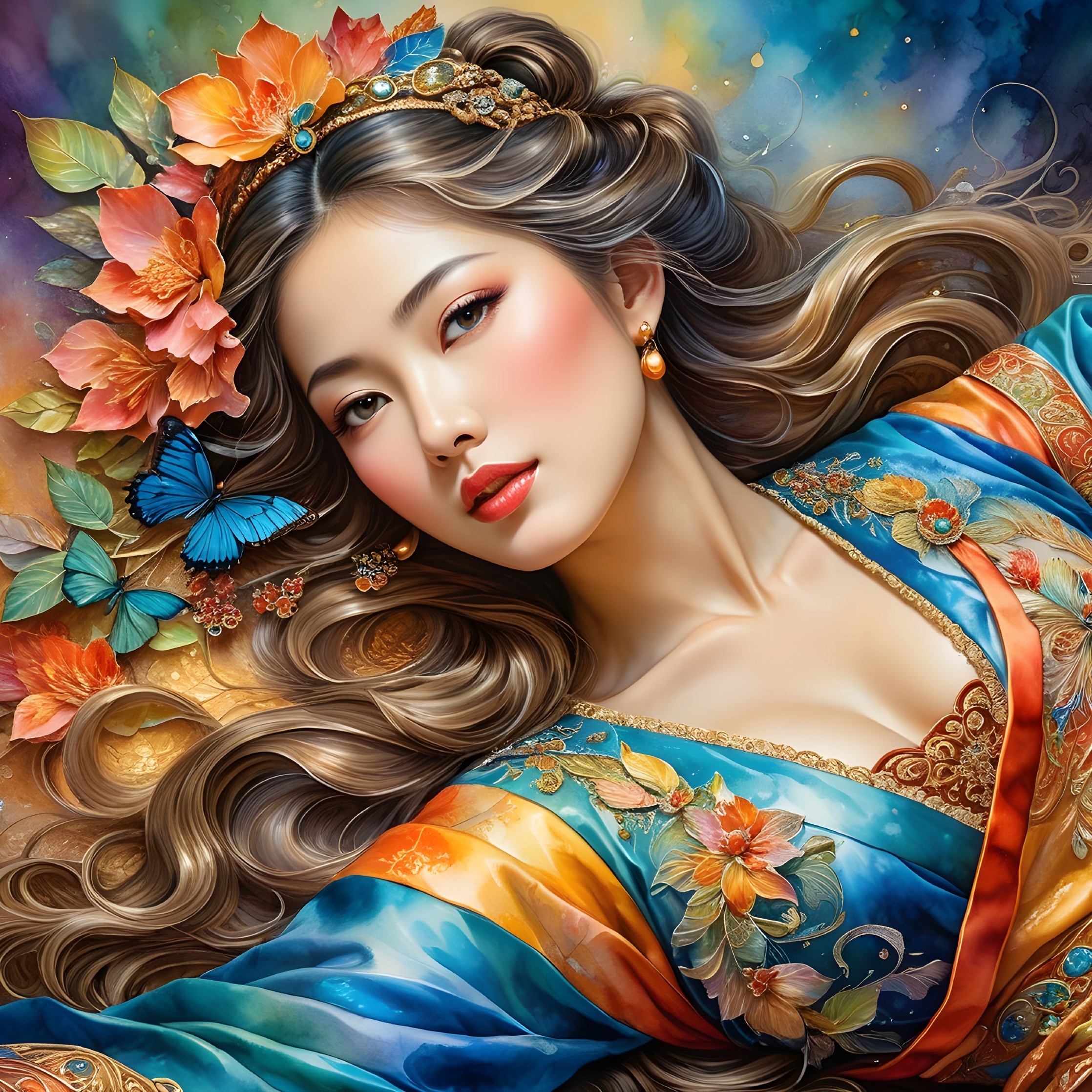 Woman with Flowing Hair and Colorful Floral Accents