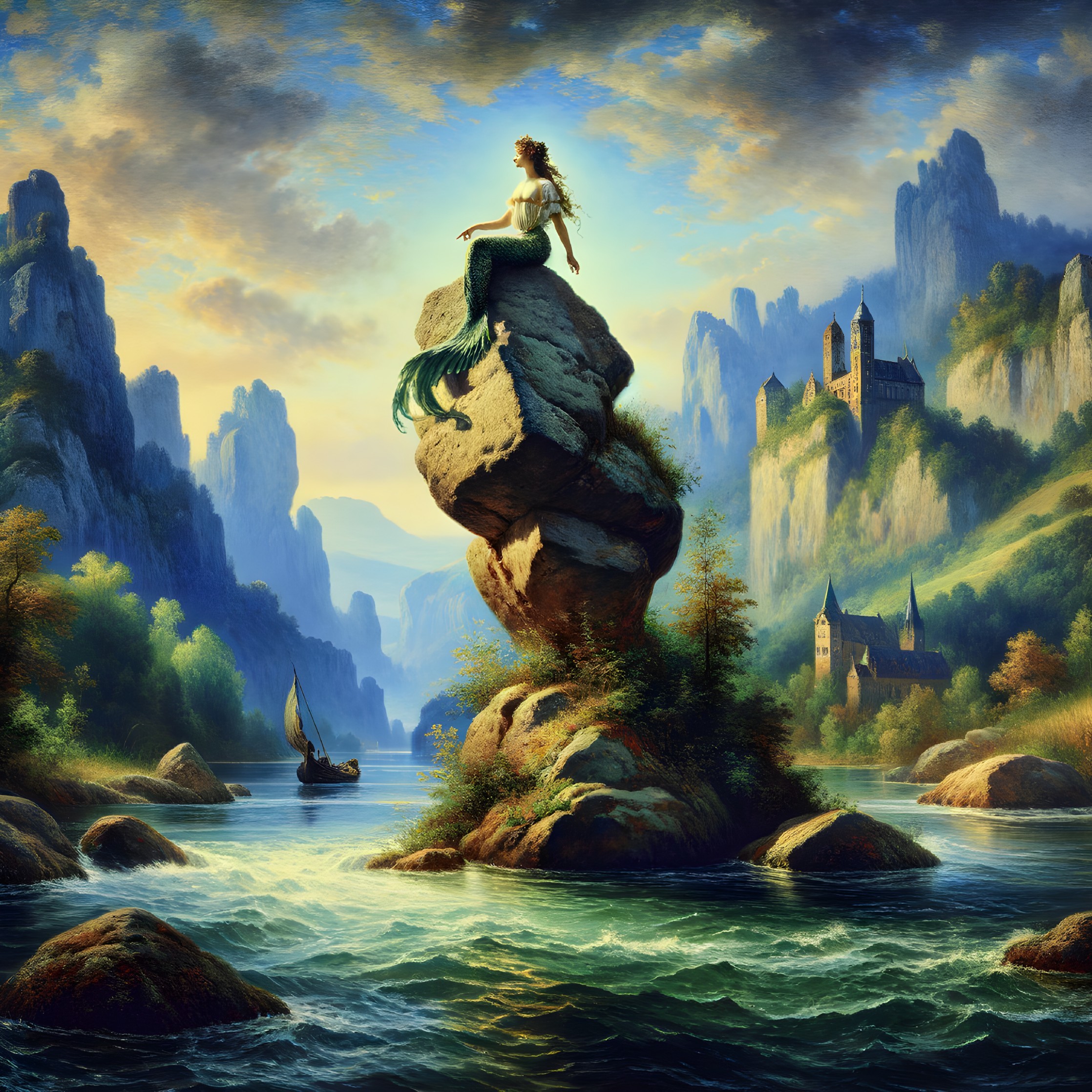 Mermaid in Serene Landscape with Mountains and Castle