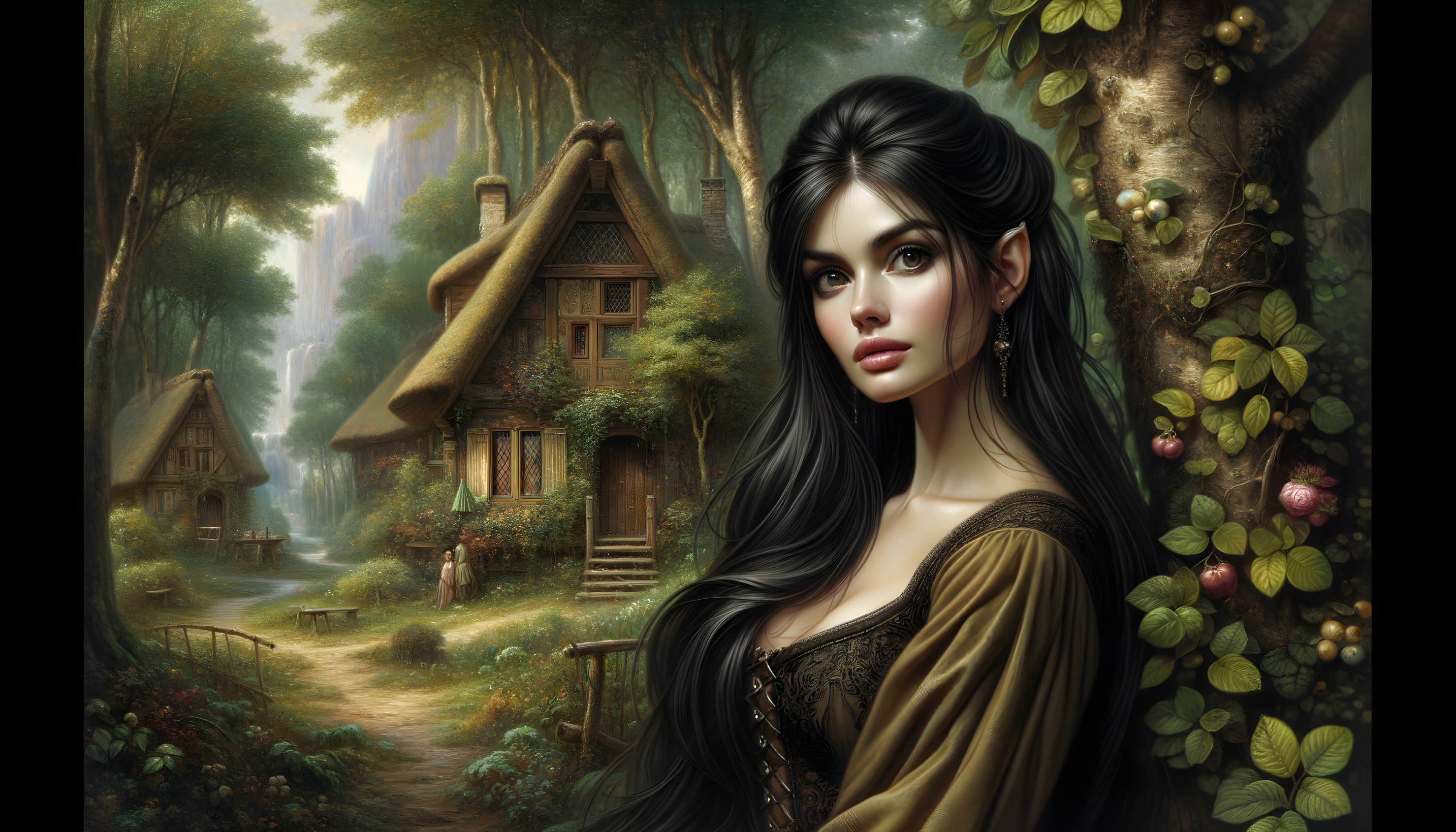 Illustrated woman with long hair in mystical forest village