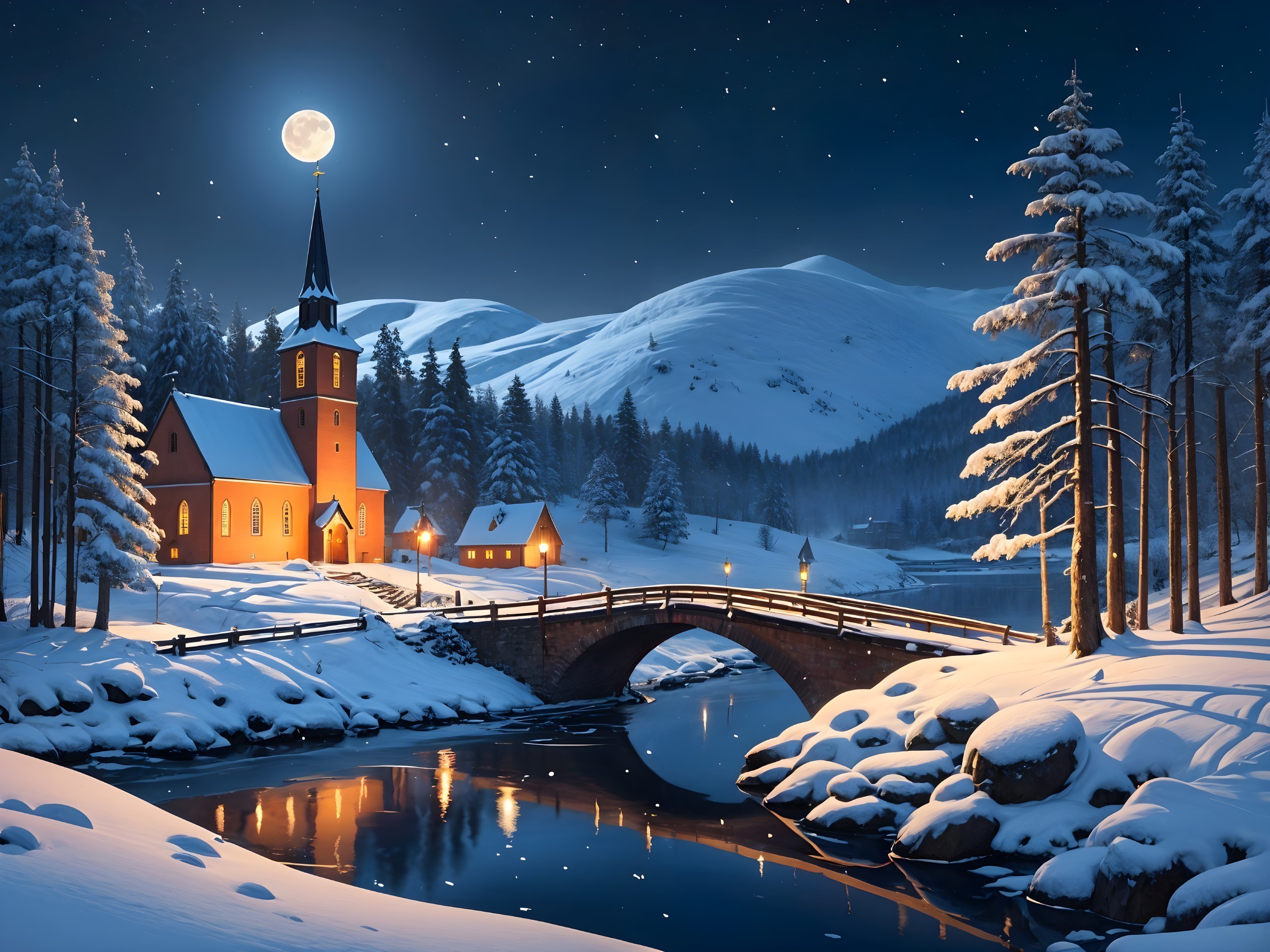 Winter Night Scene with Church and Snowy Mountains