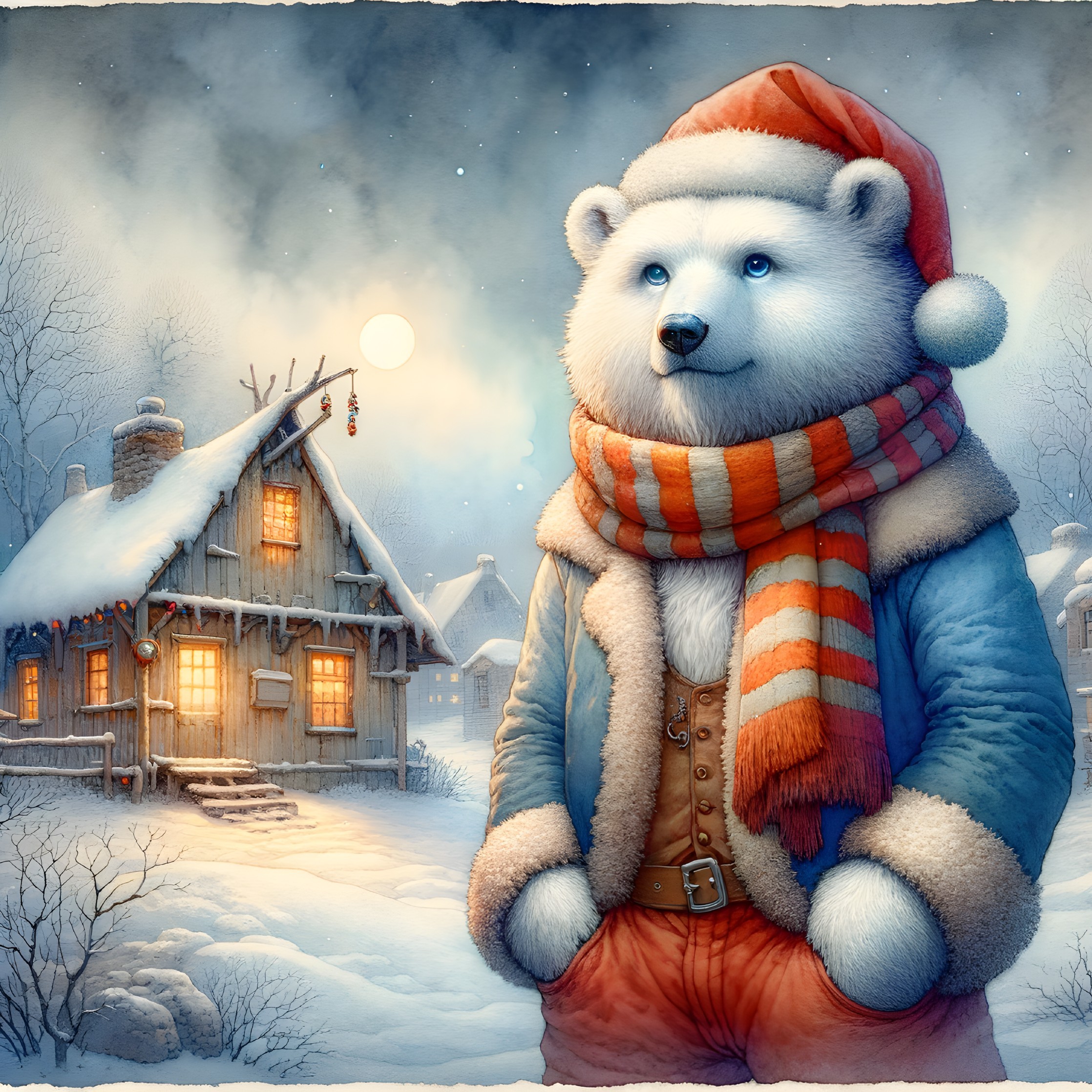 Polar Bear in Holiday Attire in Snowy Landscape