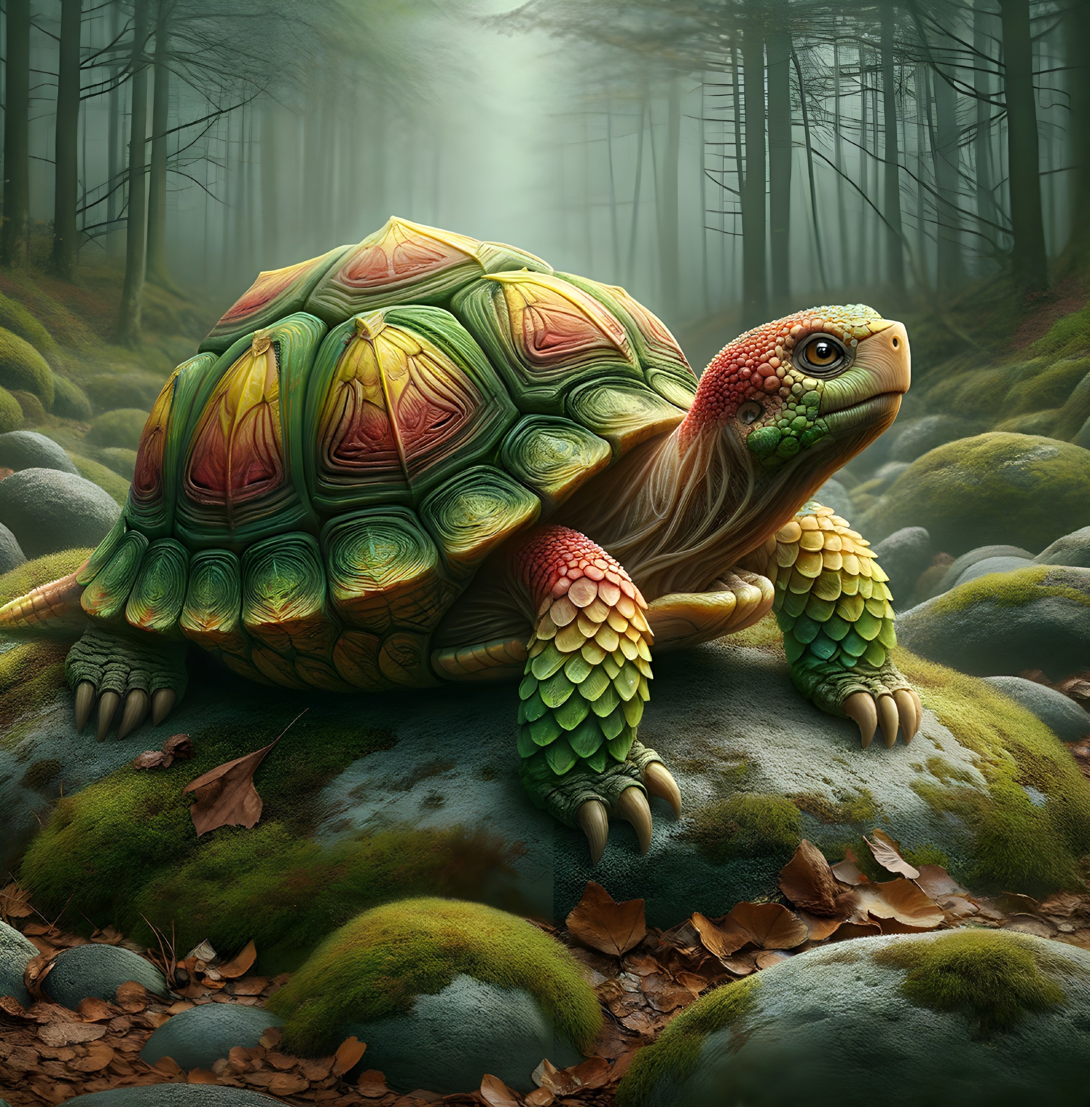 Vibrant Turtle on Mossy Rock in Misty Forest Scene