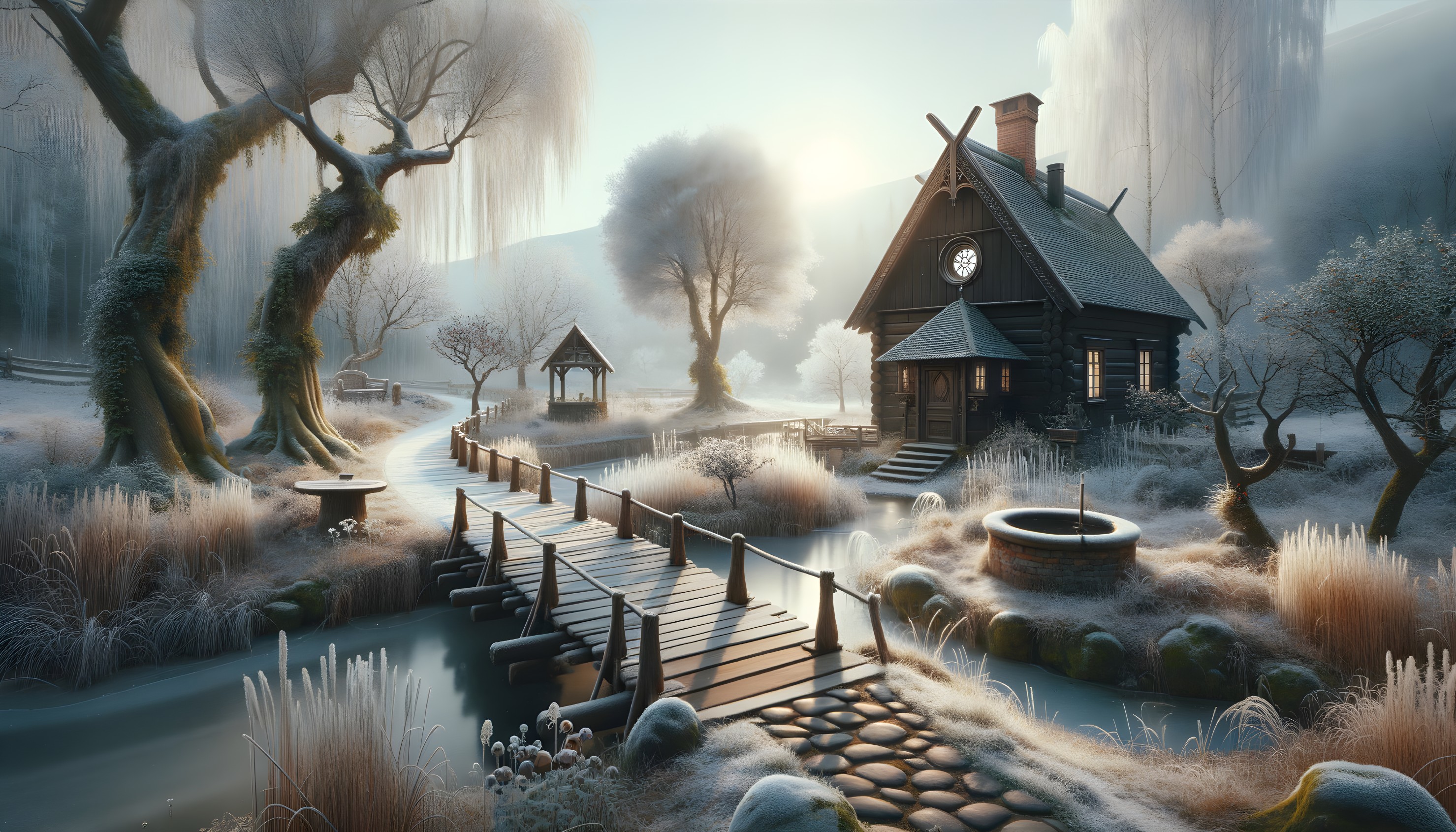 Winter Landscape with Cabin and Frost-Covered Trees