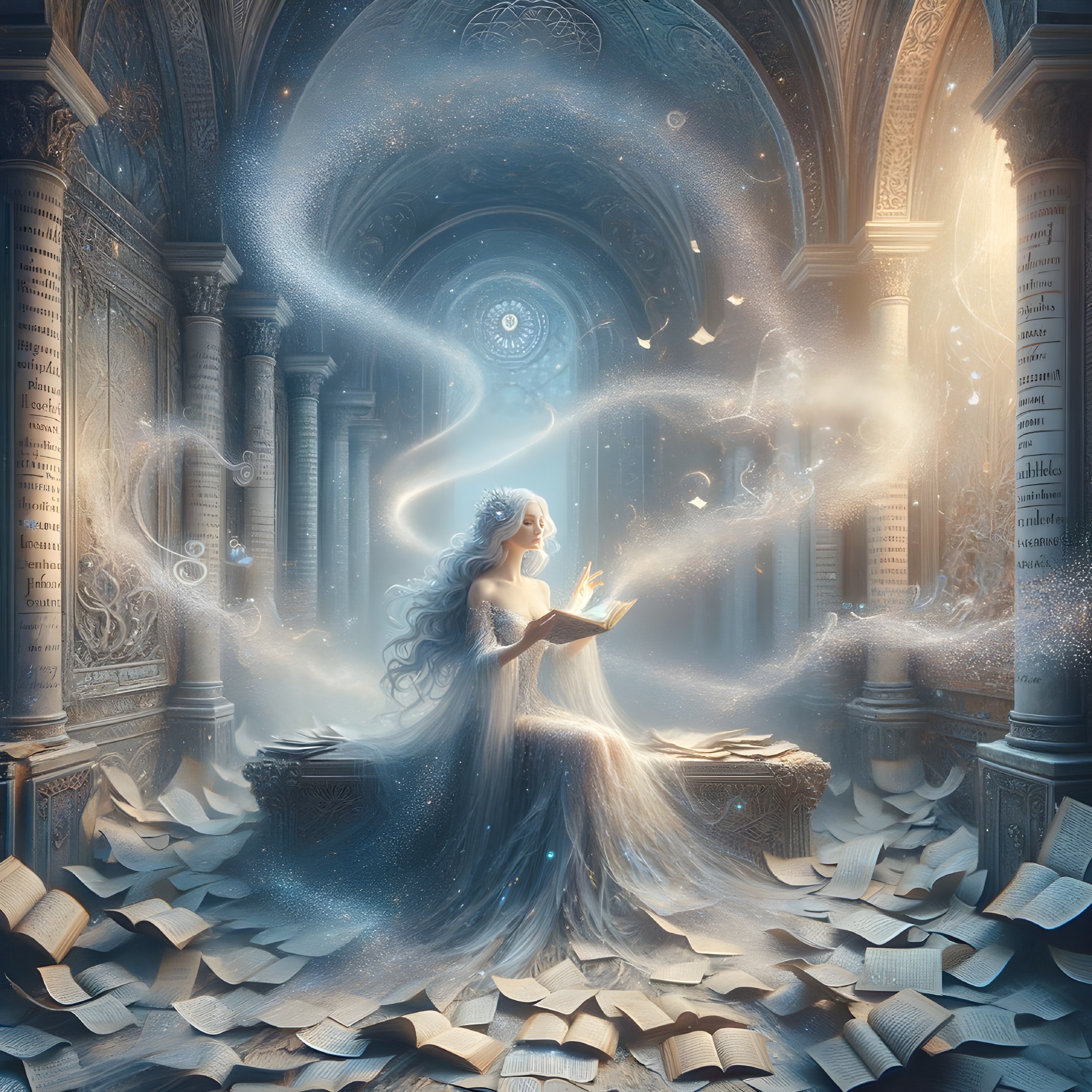 Ethereal Library Scene with Serene Figure and Books