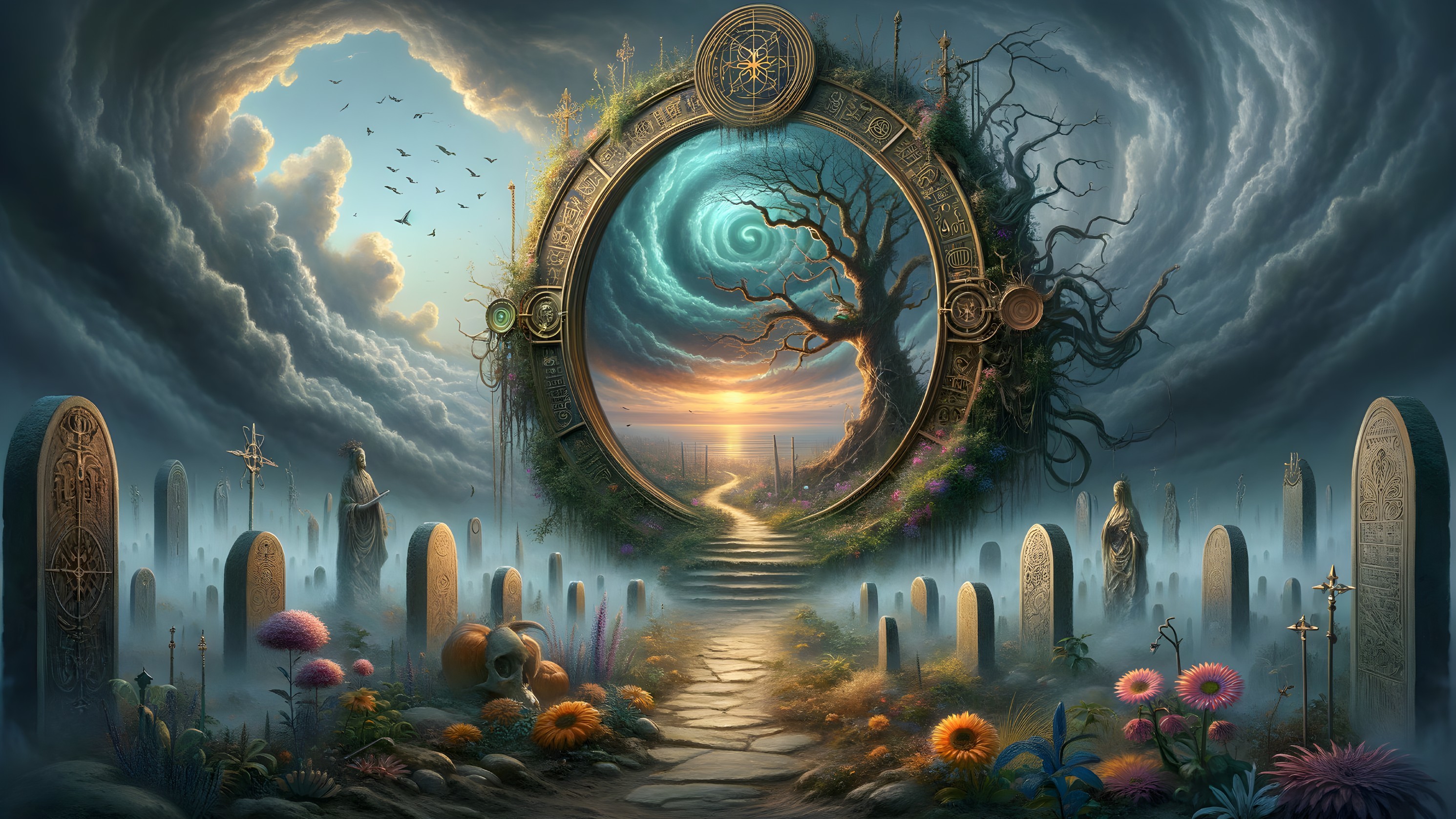 Mystical Landscape with Portal and Ancient Gravestones