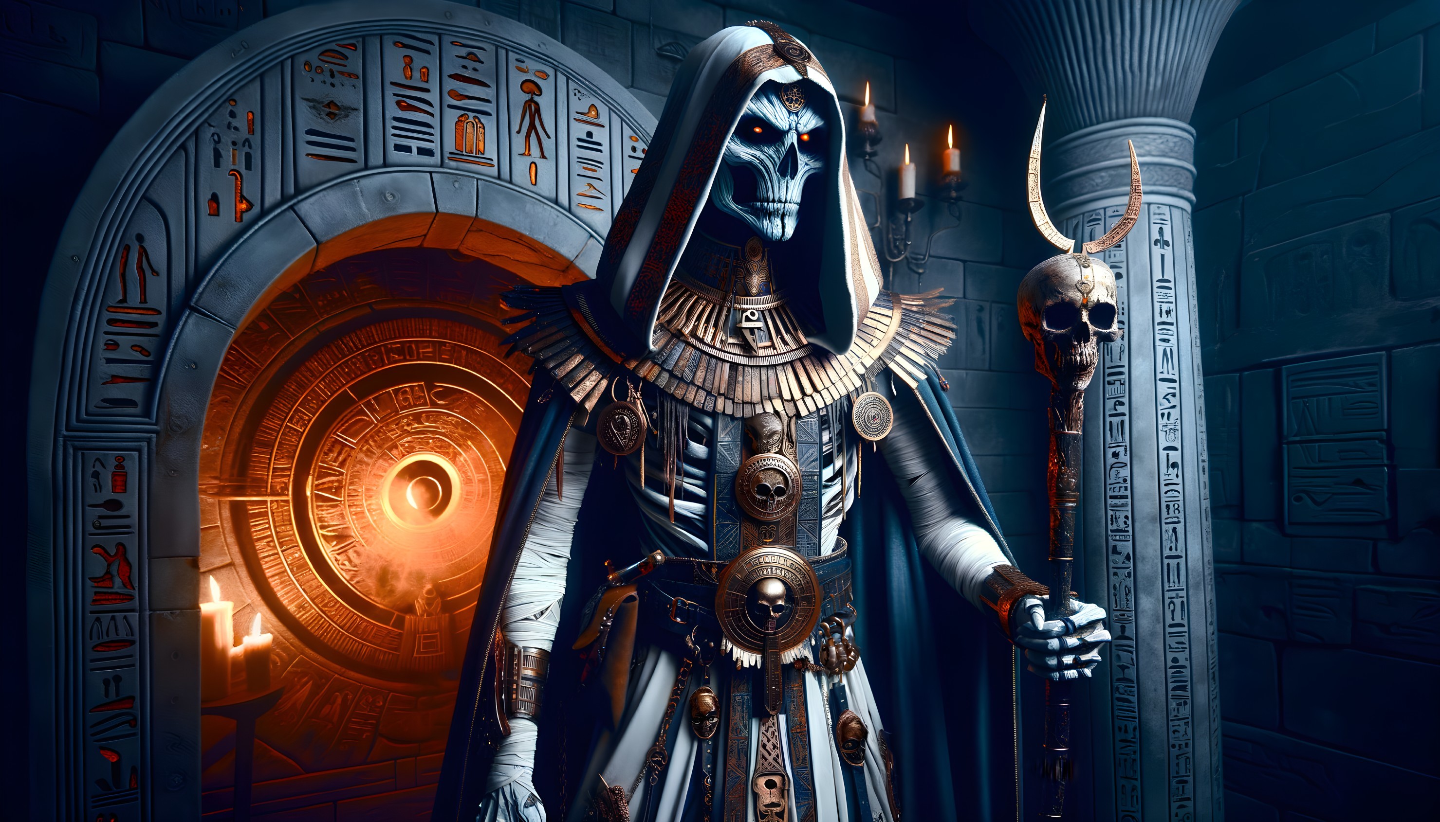 Mysterious figure in ancient chamber with skull motifs