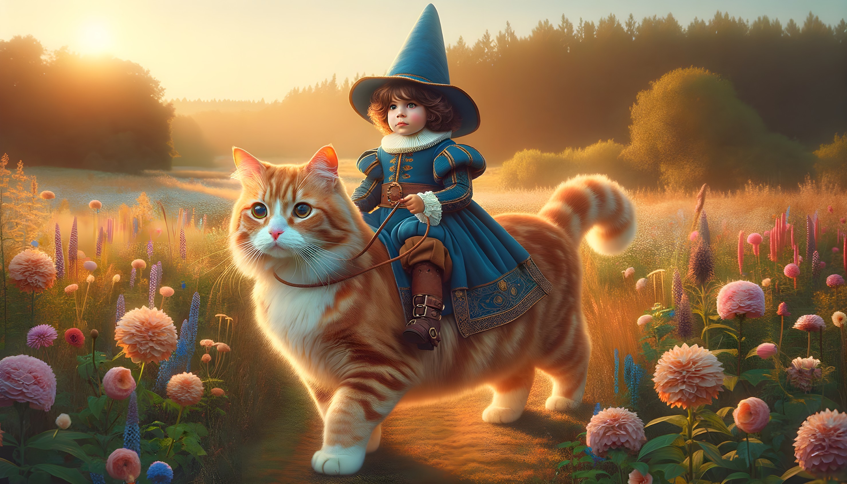 Child in blue outfit riding fluffy orange cat at sunset