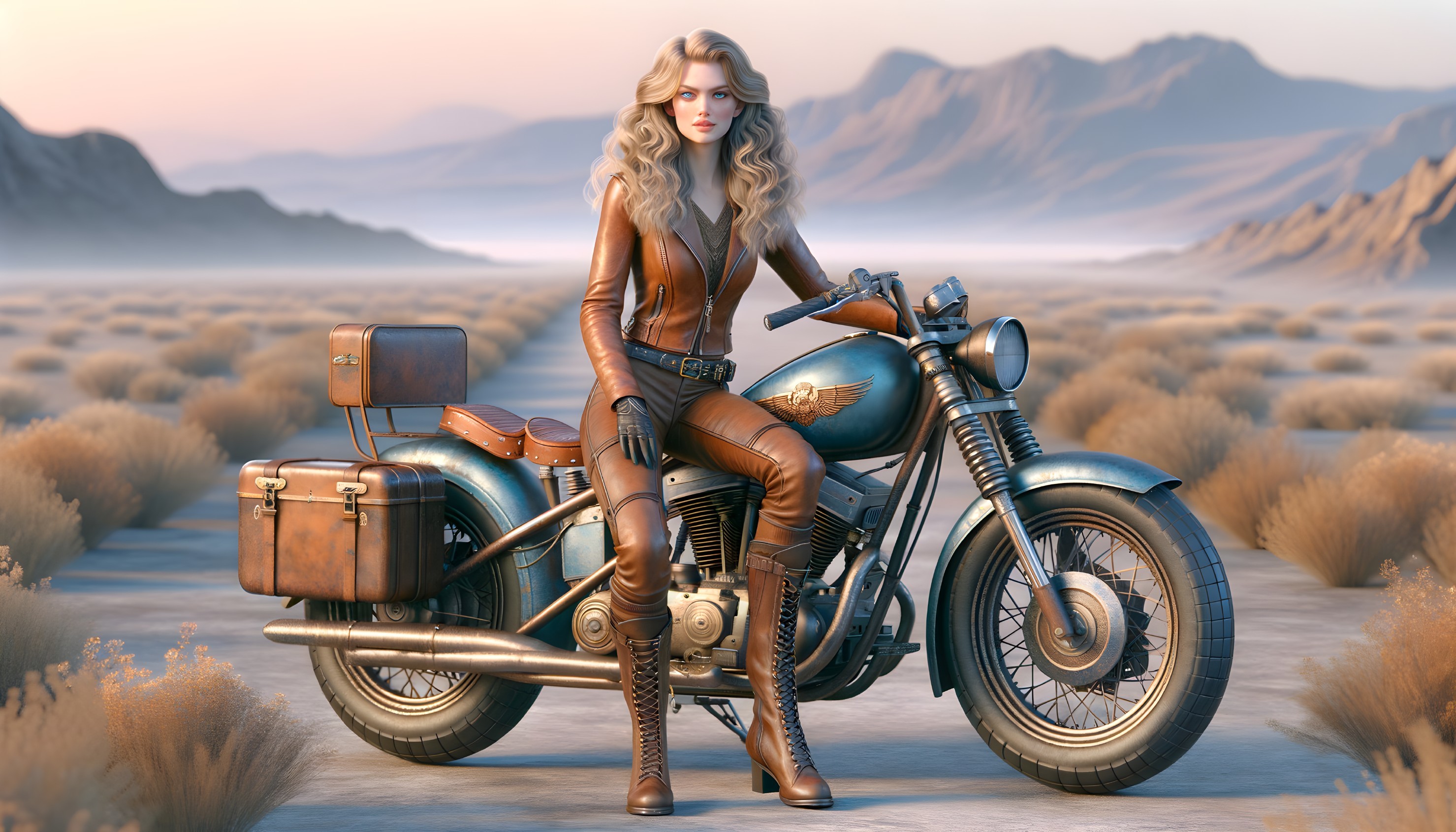 Confident Woman on Vintage Motorcycle in Desert Landscape