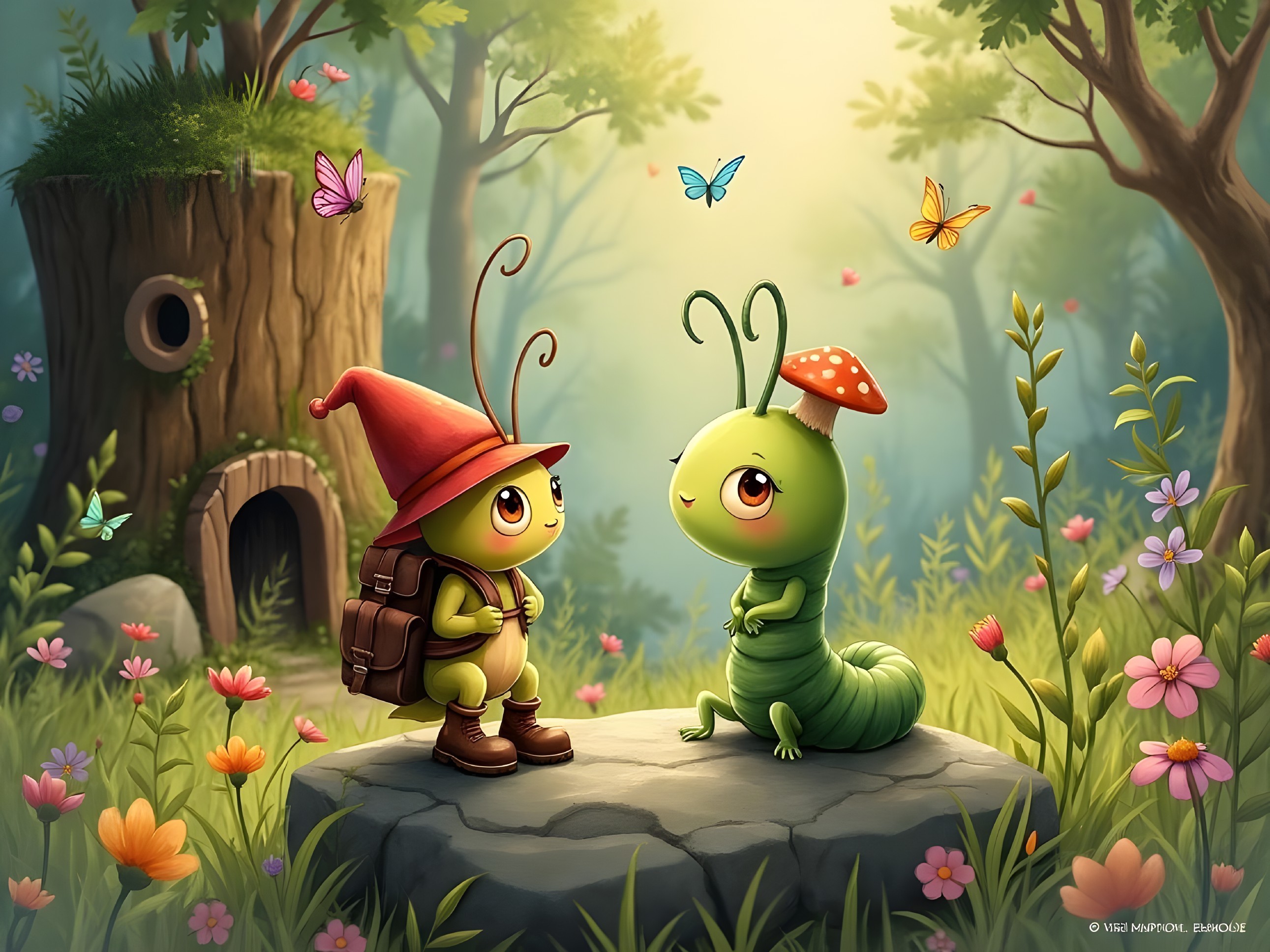 Caterpillars in a Whimsical Forest Adventure Scene