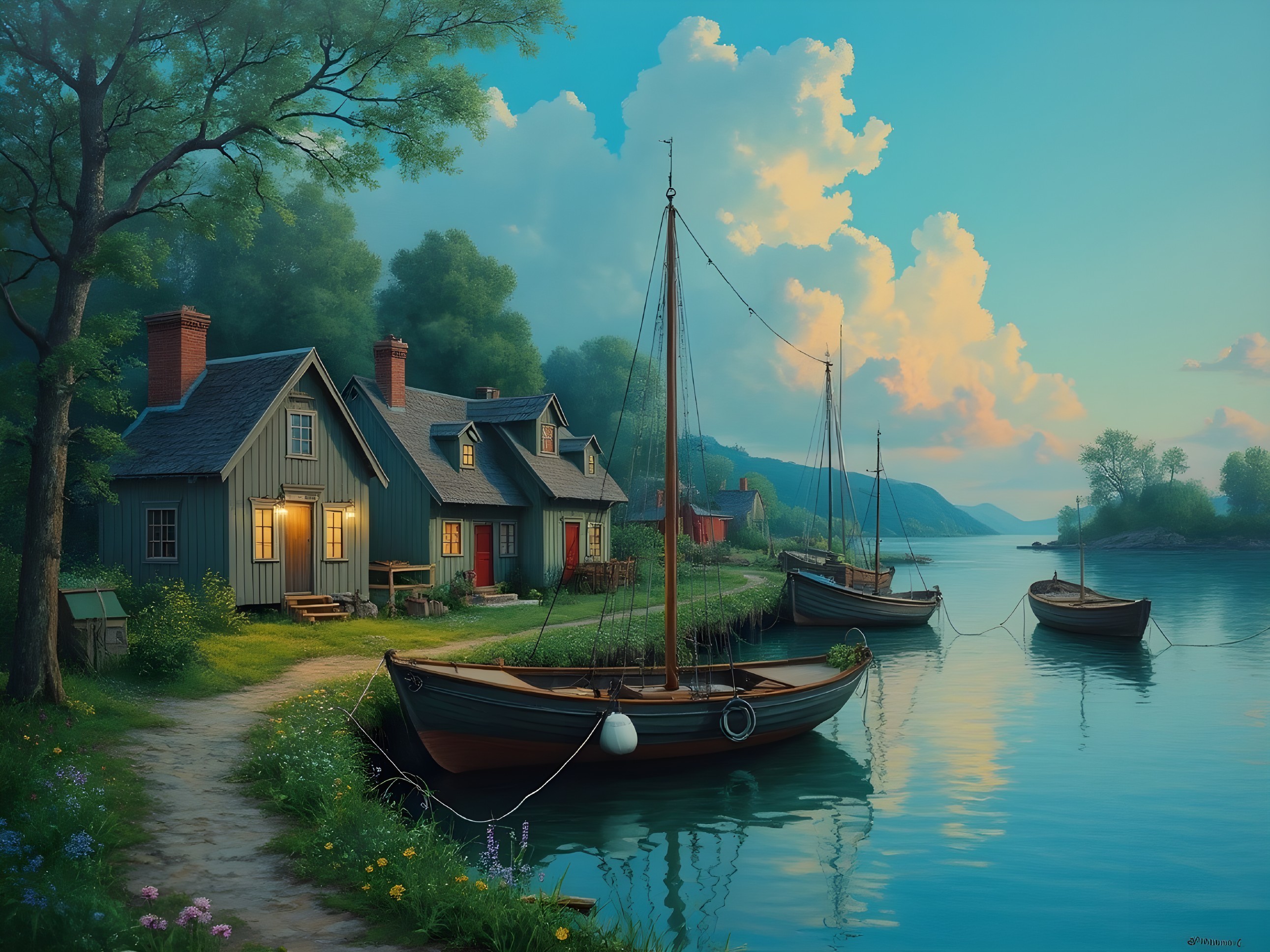 Coastal Scene with Wooden Cottages and Boats