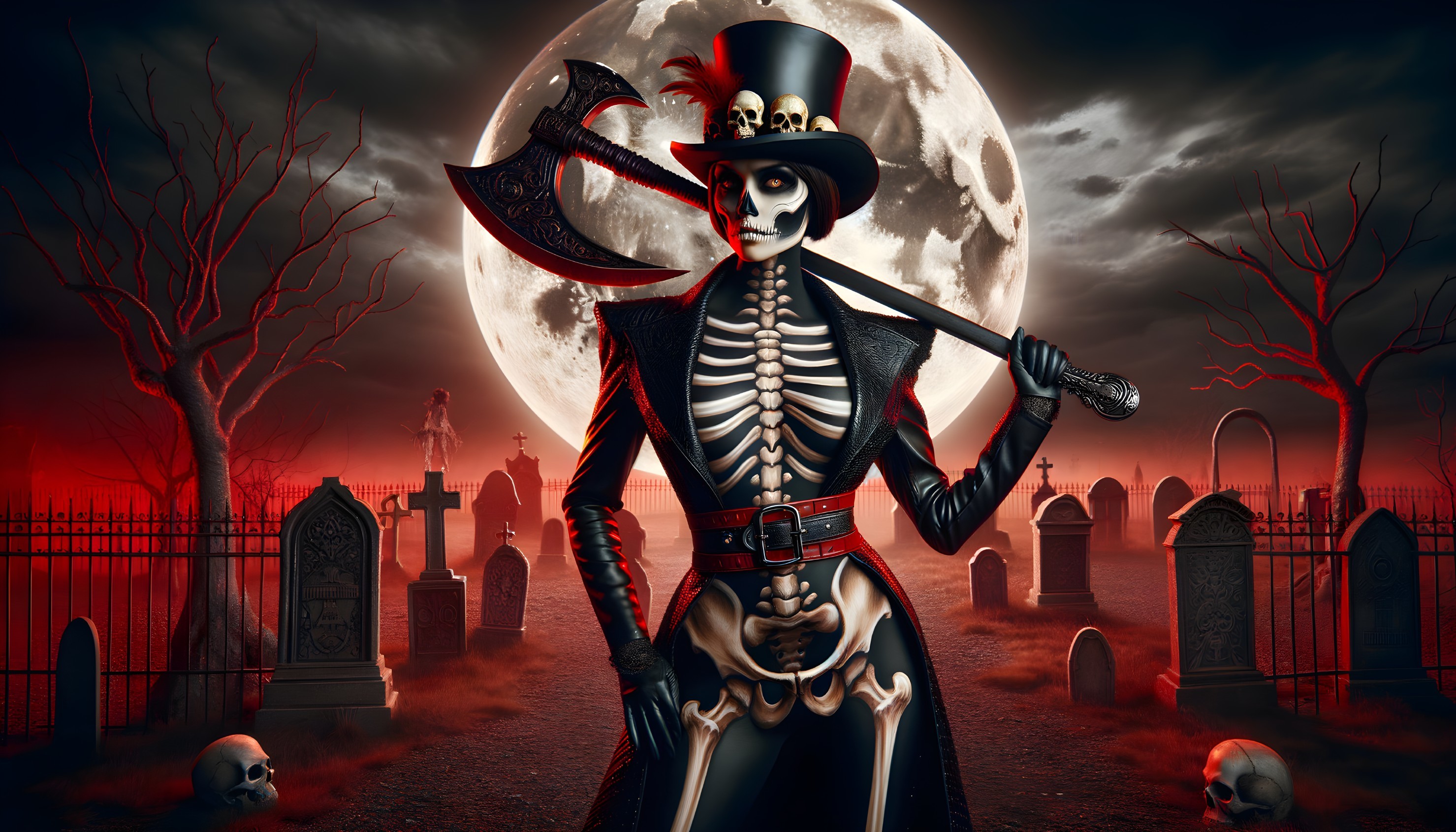 Skeleton in Black Coat with Axe in Graveyard Scene