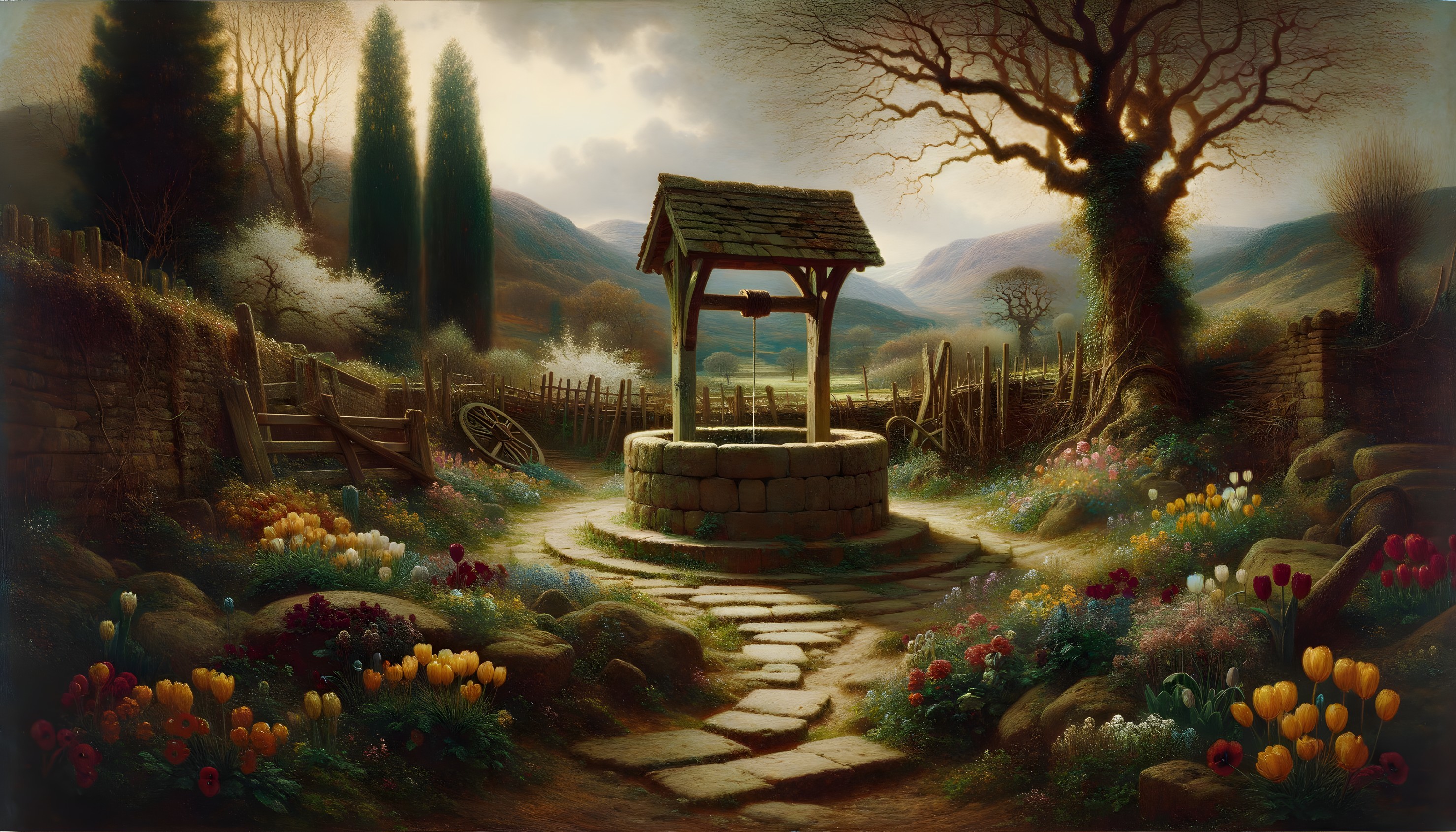Rustic Stone Well in a Colorful Garden Landscape