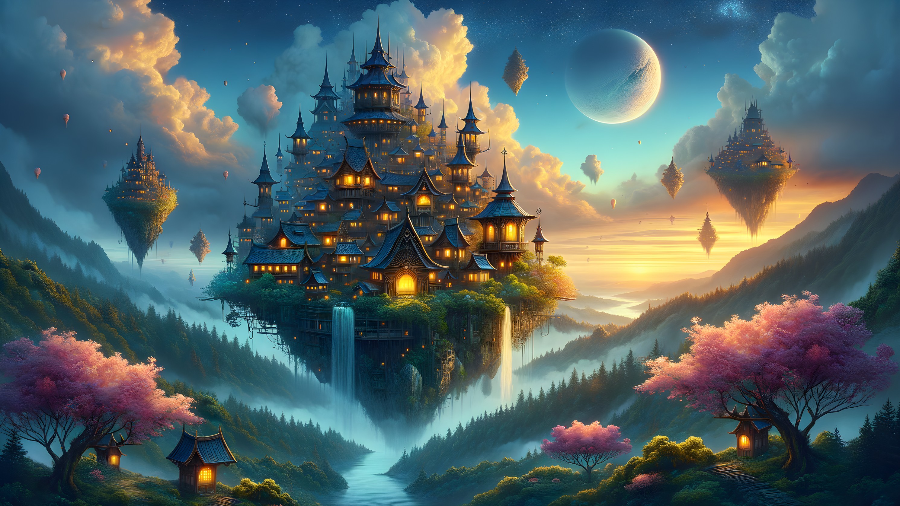 Floating Castle Surrounded by Cherry Blossoms and Waterfalls