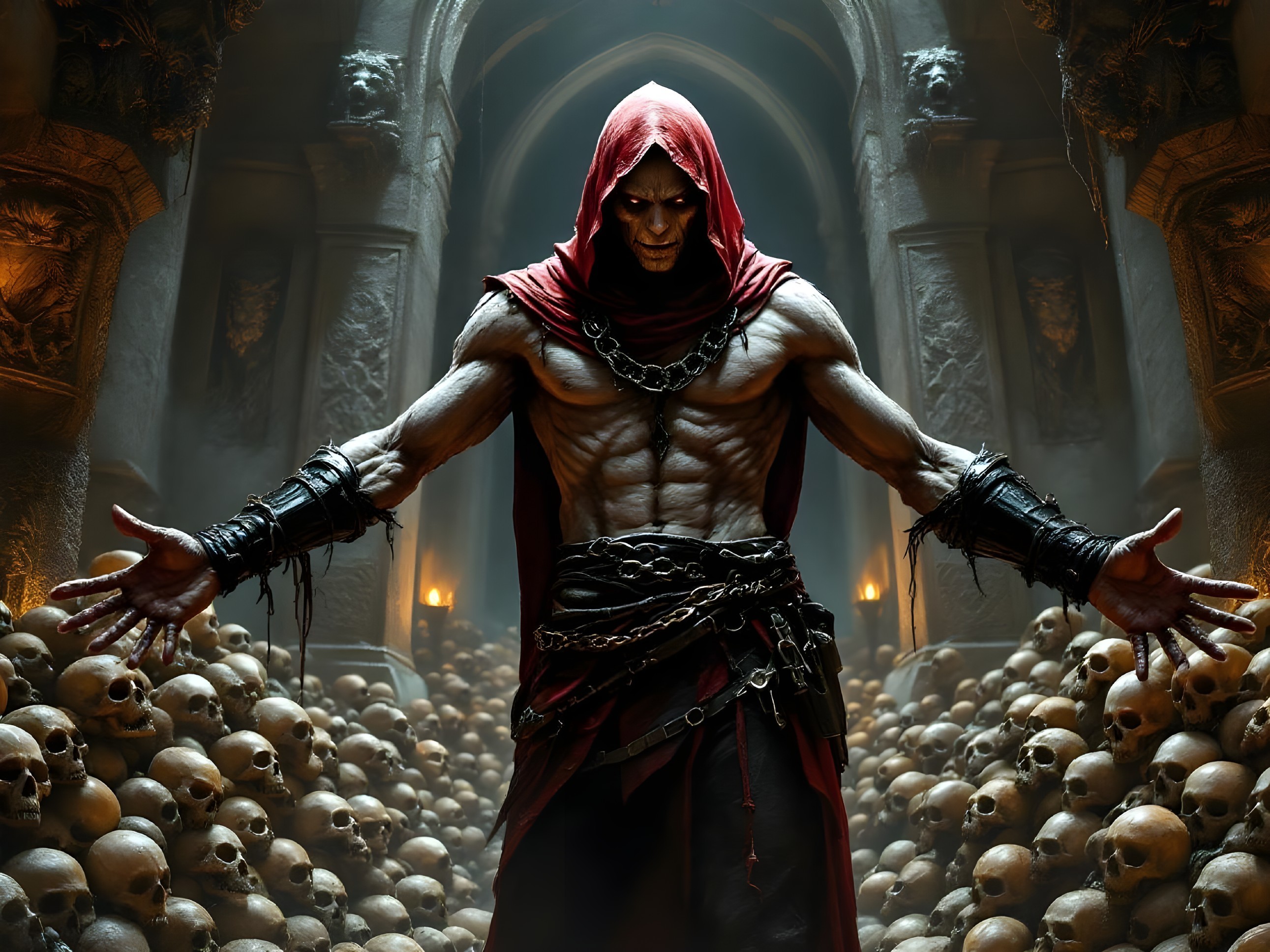 Muscular Figure in Dark Gothic Chamber with Skulls