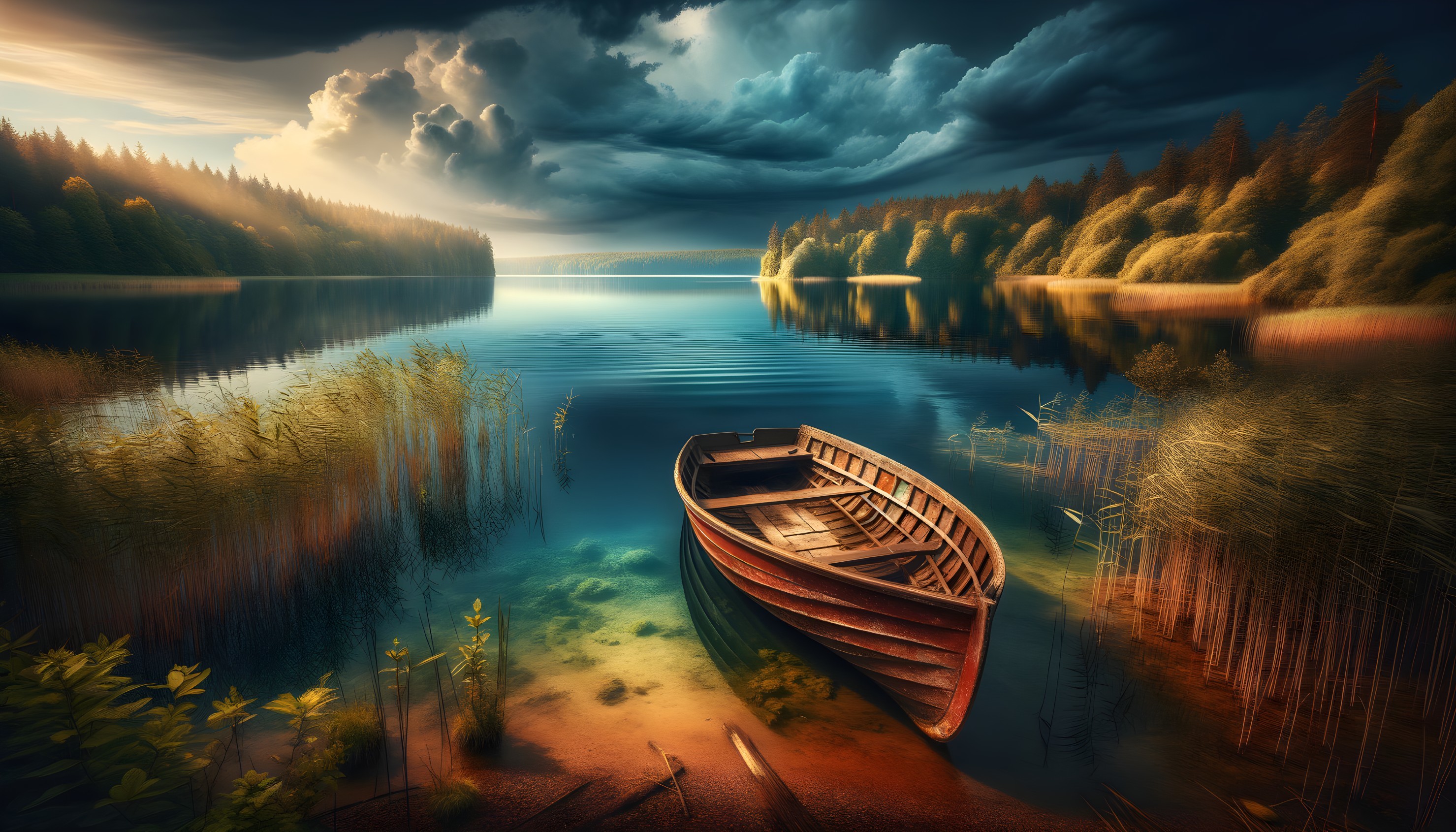 Serene Lake Scene with Wooden Boat at Dusk