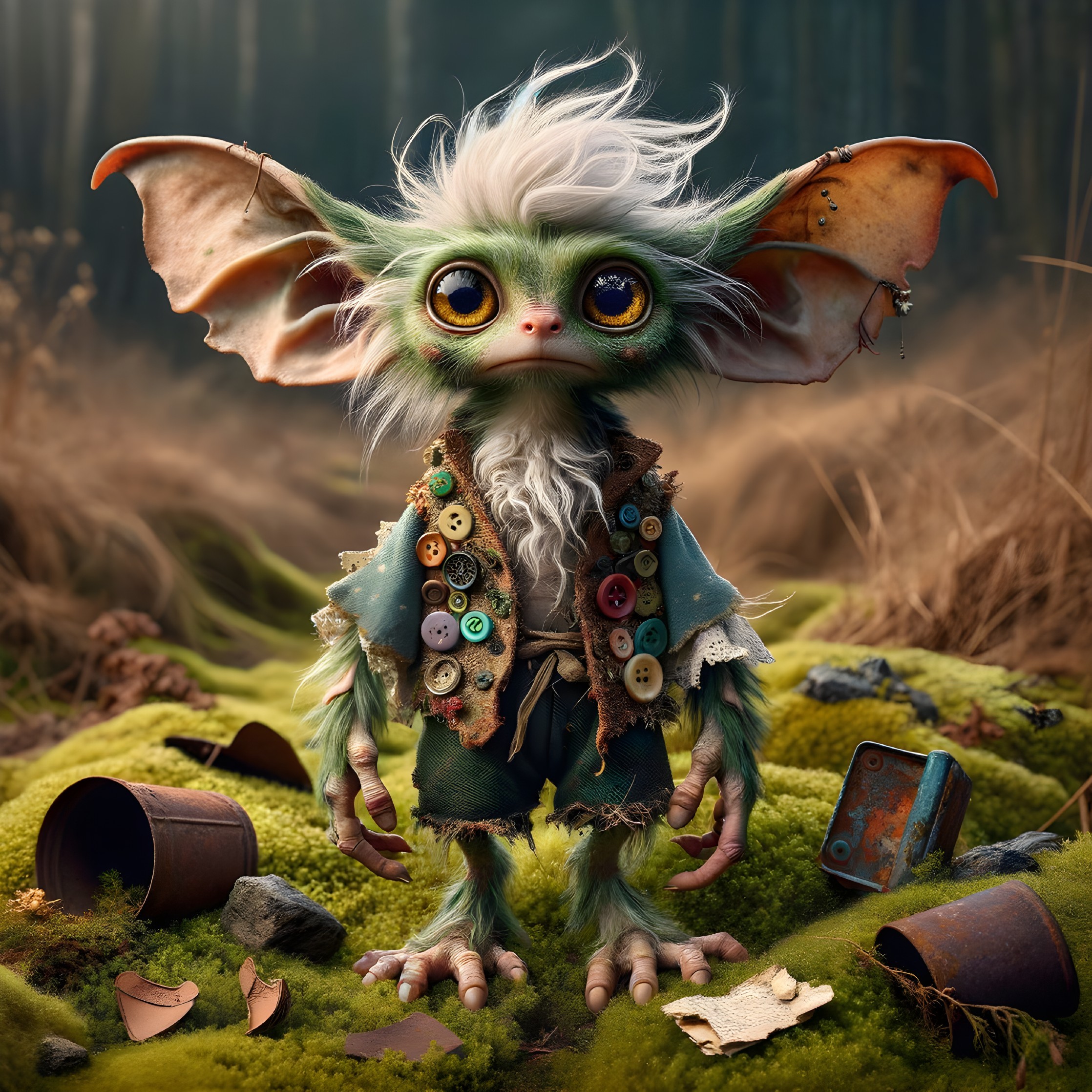 Whimsical Creature in a Forest with Colorful Trinkets