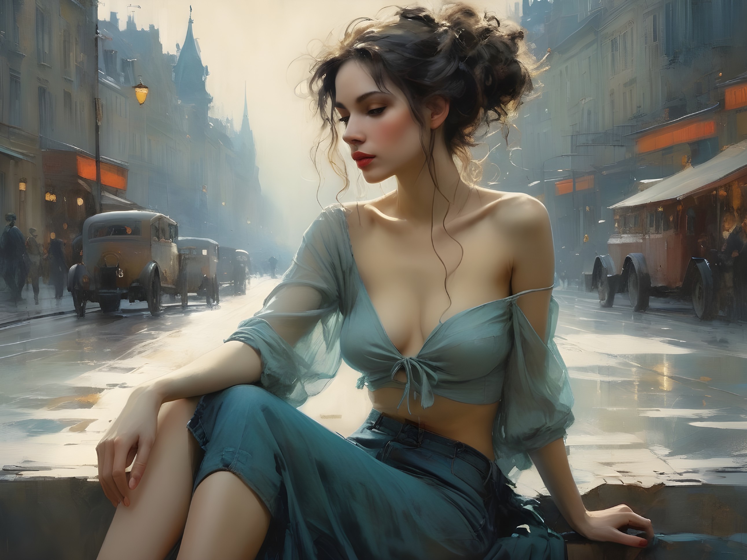 Young woman in blue attire on cobblestone street