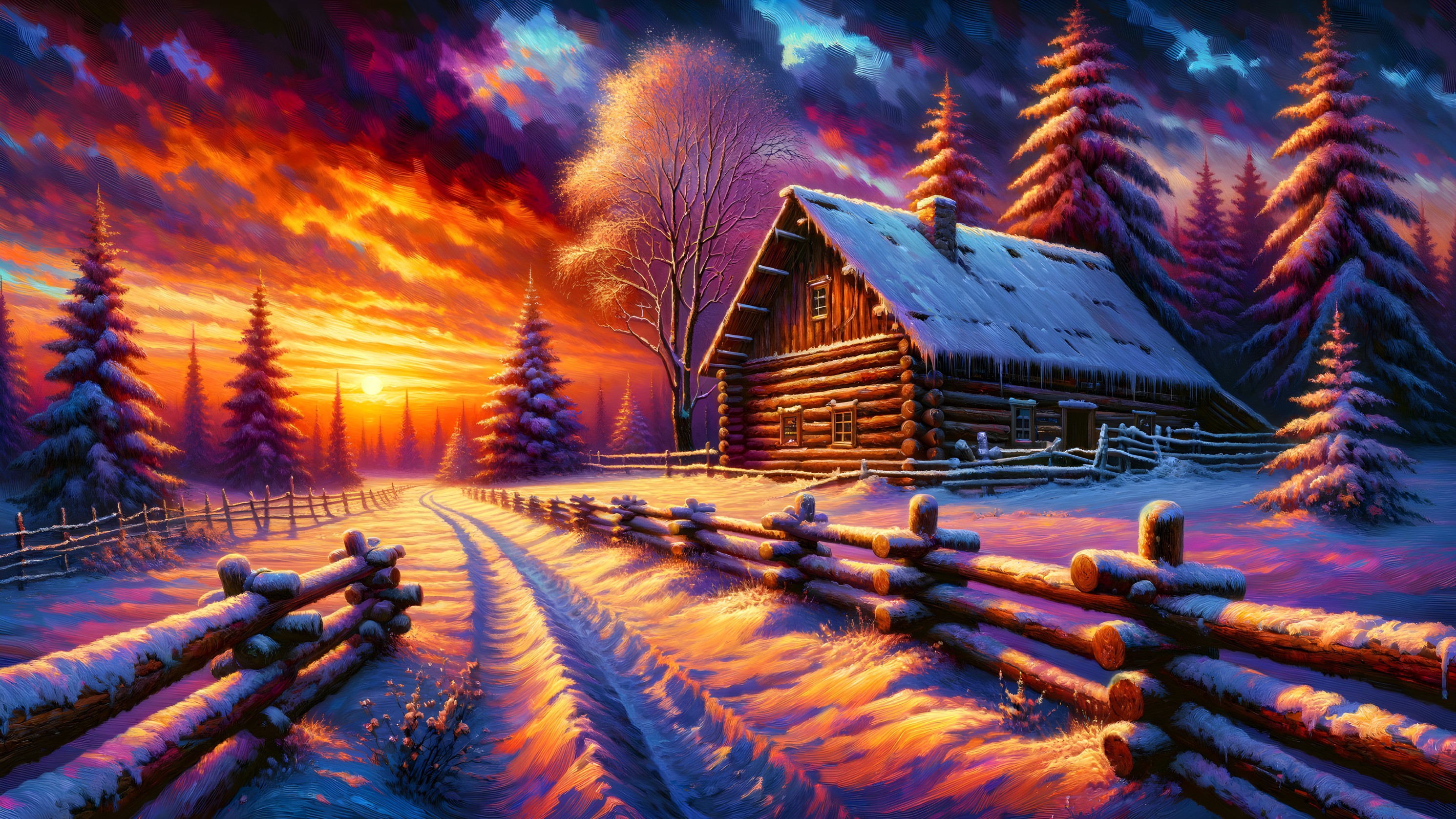 Cozy Log Cabin in Serene Winter Landscape at Sunset