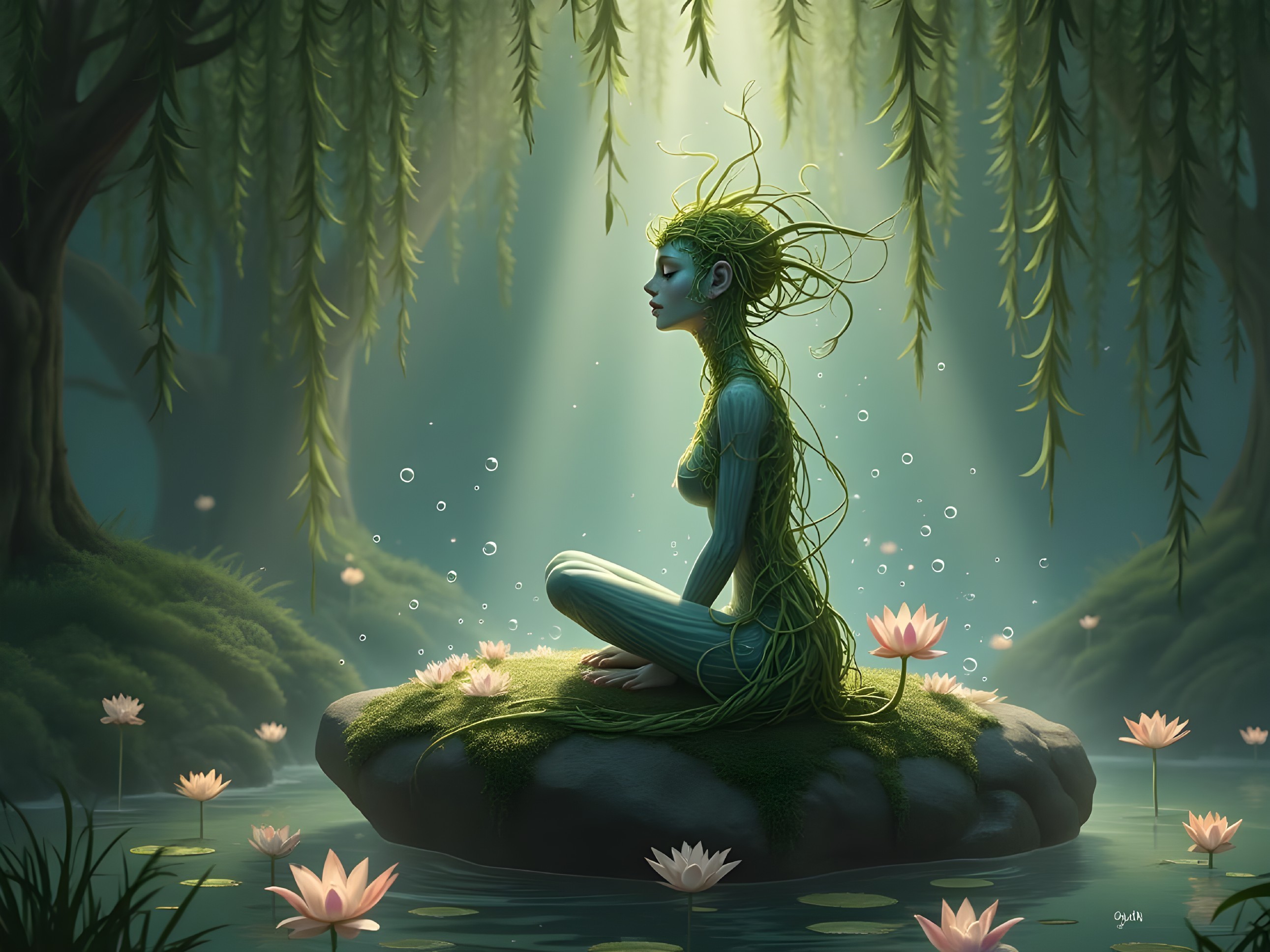 Mystical Figure in Enchanted Forest Pond Setting