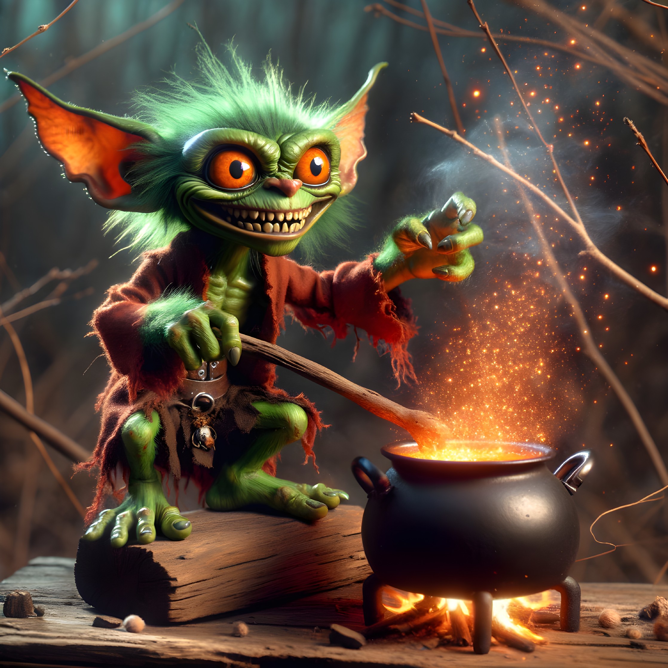Whimsical Green Goblin in Mystical Forest Setting