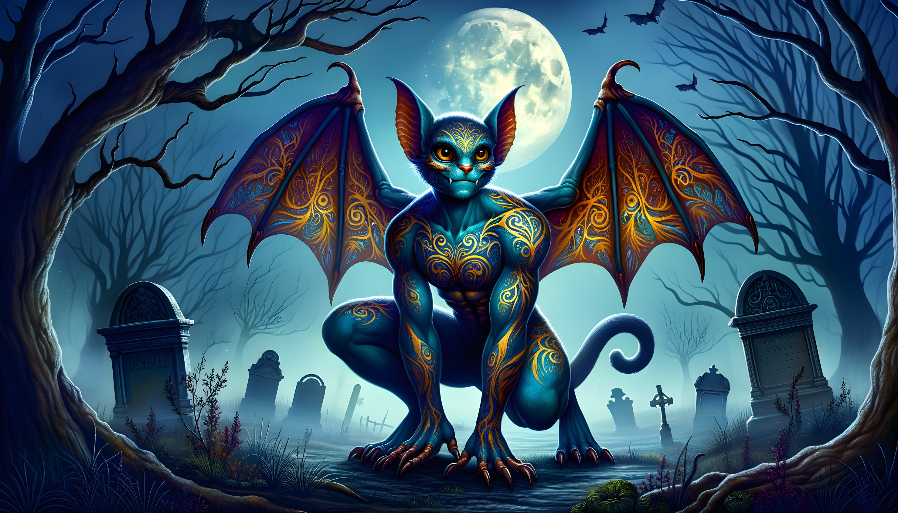 Moonlit Cemetery Guardian  The Winged Feline