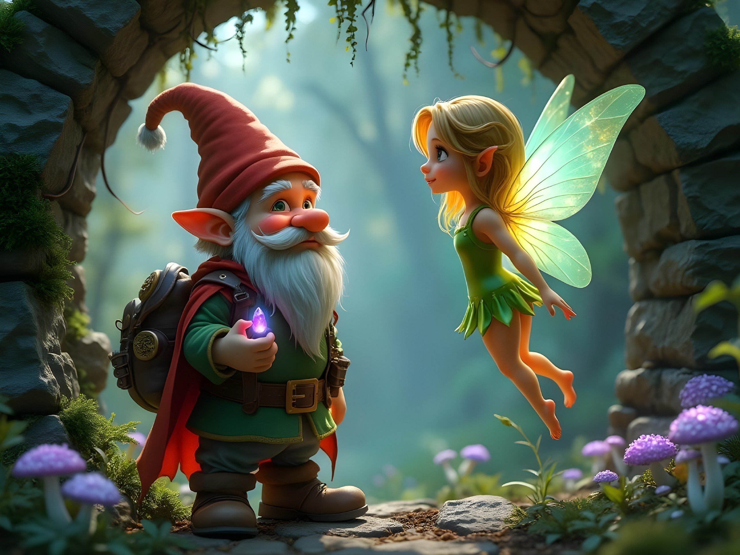 Cheerful gnome with glowing gem in magical forest