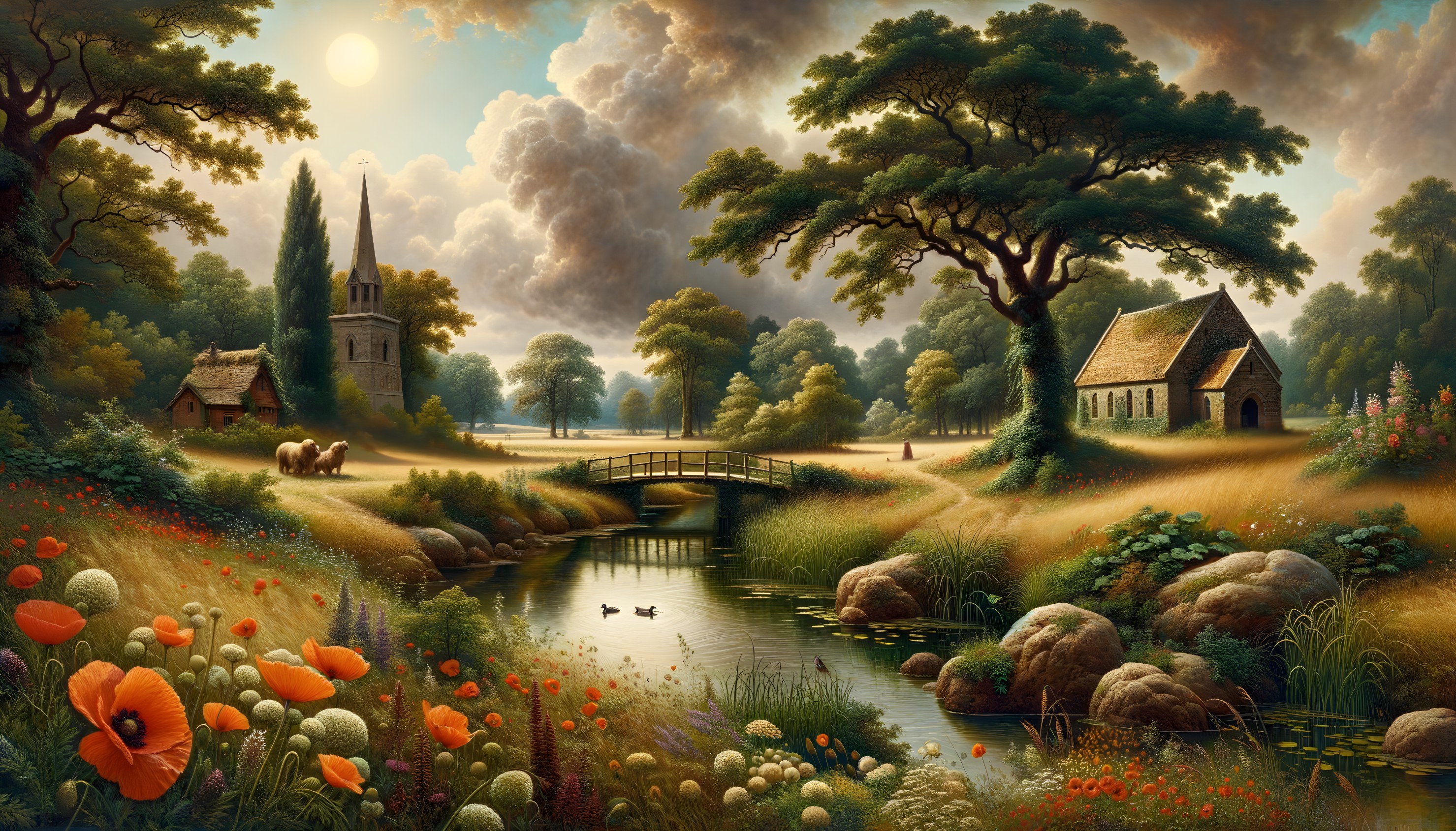 Serene Landscape with River and Wildflower Fields