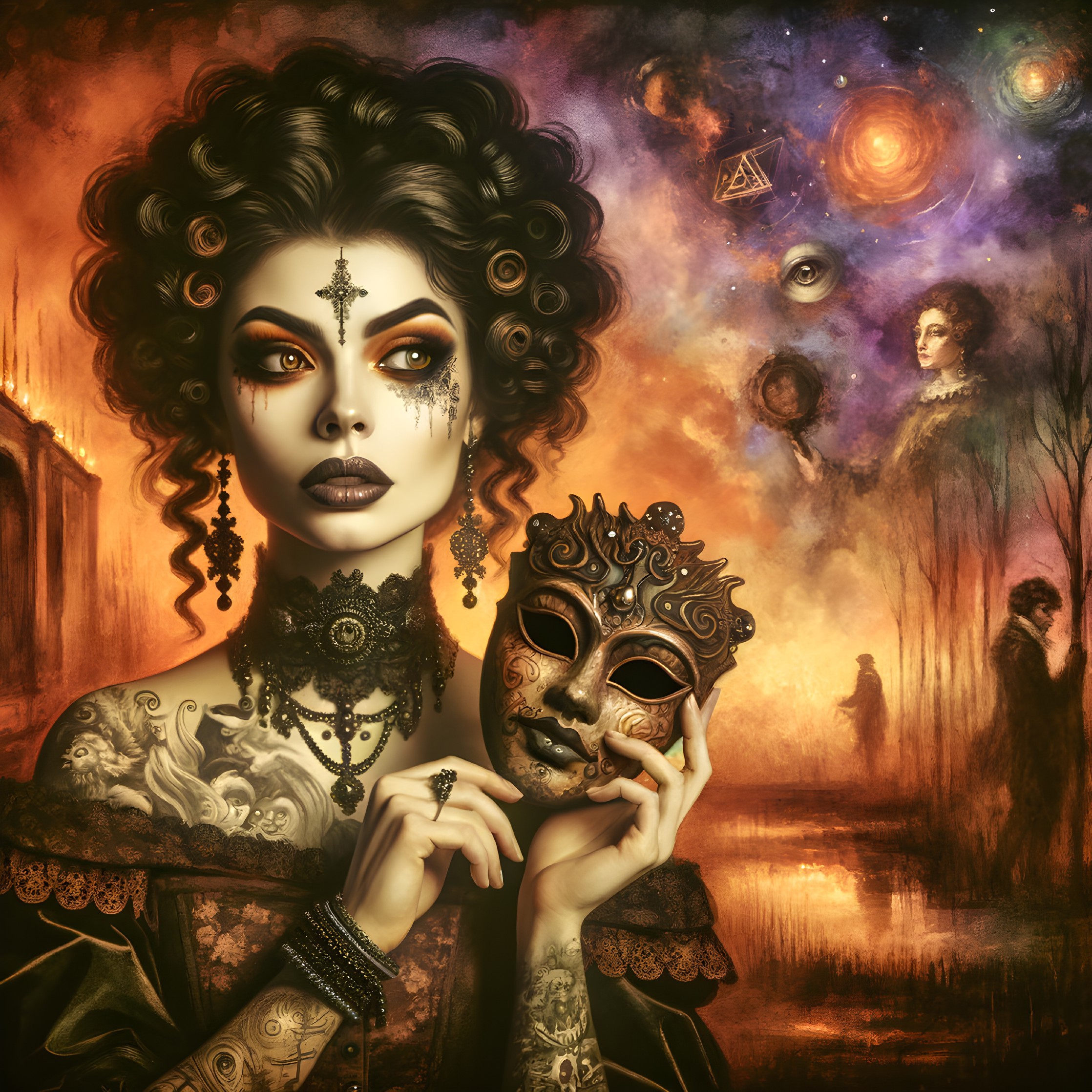 Gothic Figure with Tattoos and Ornate Mask in Surreal Setting