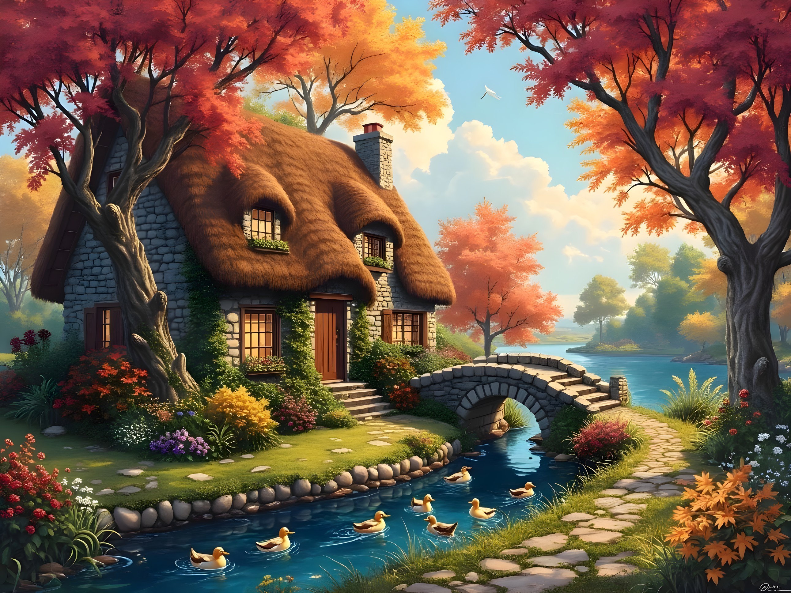Charming Stone Cottage Surrounded by Autumn Foliage