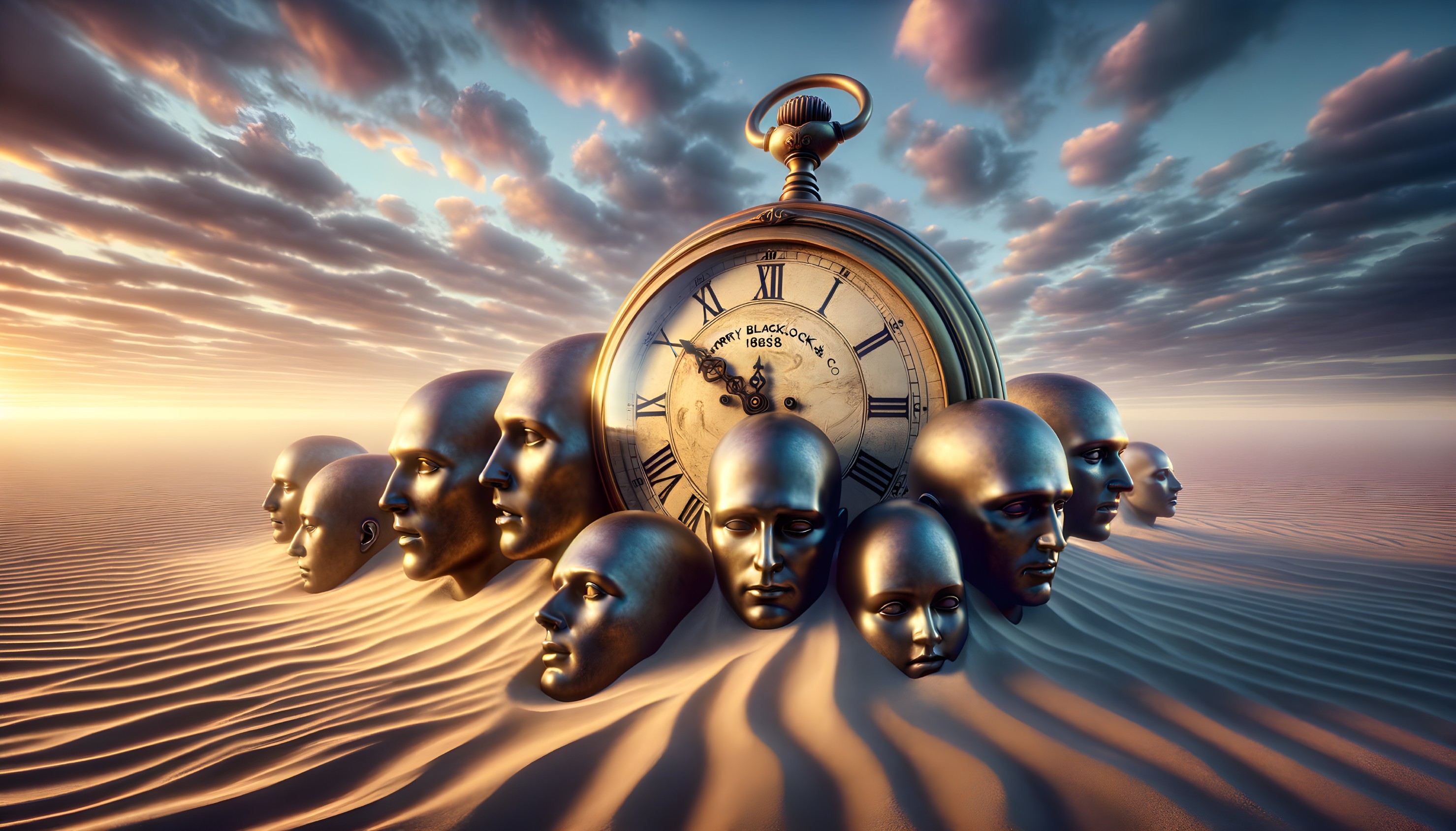 Surreal Desert Landscape with Antique Clock and Faces