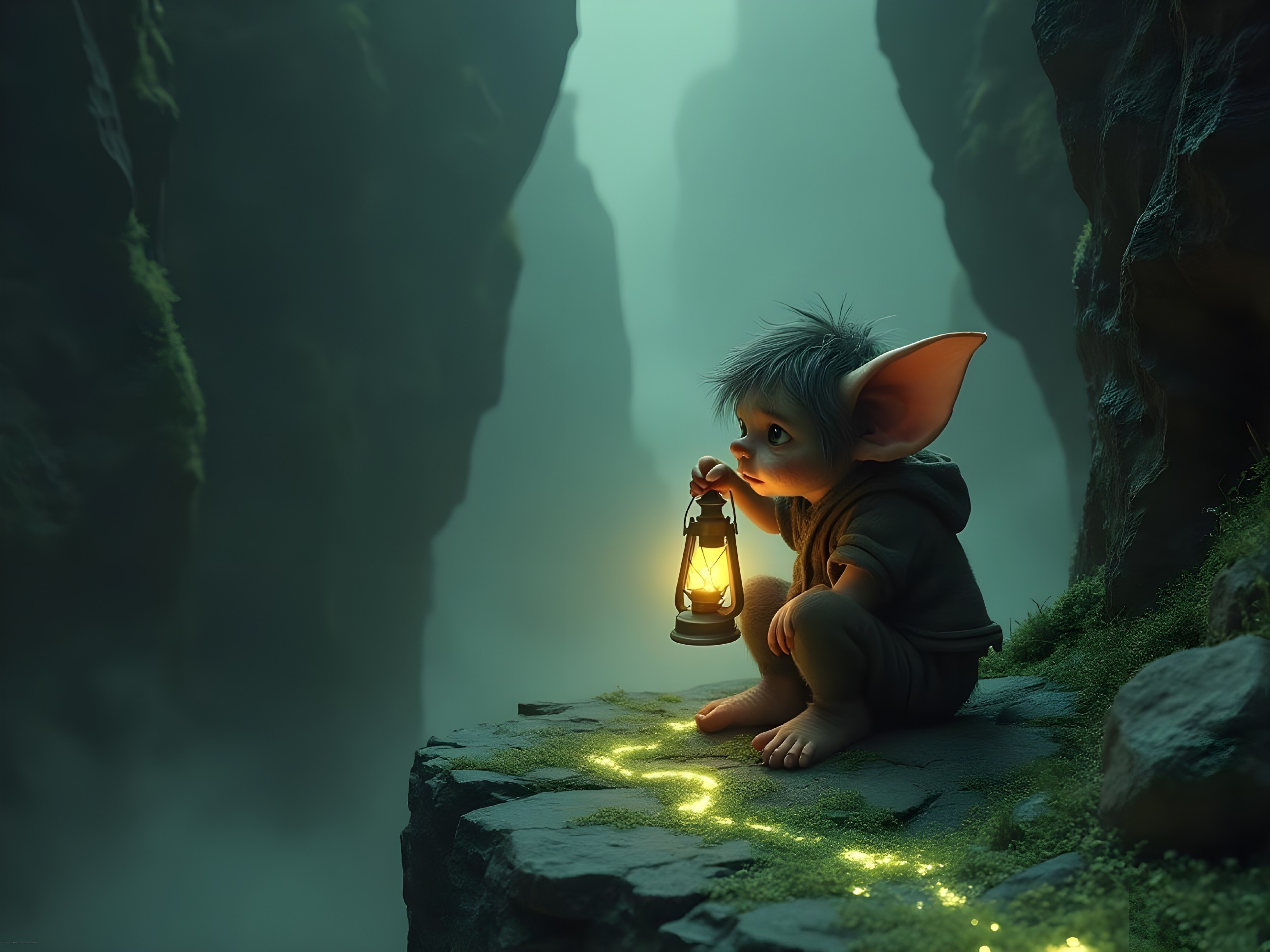 Whimsical Creature with Lantern in Misty Canyon